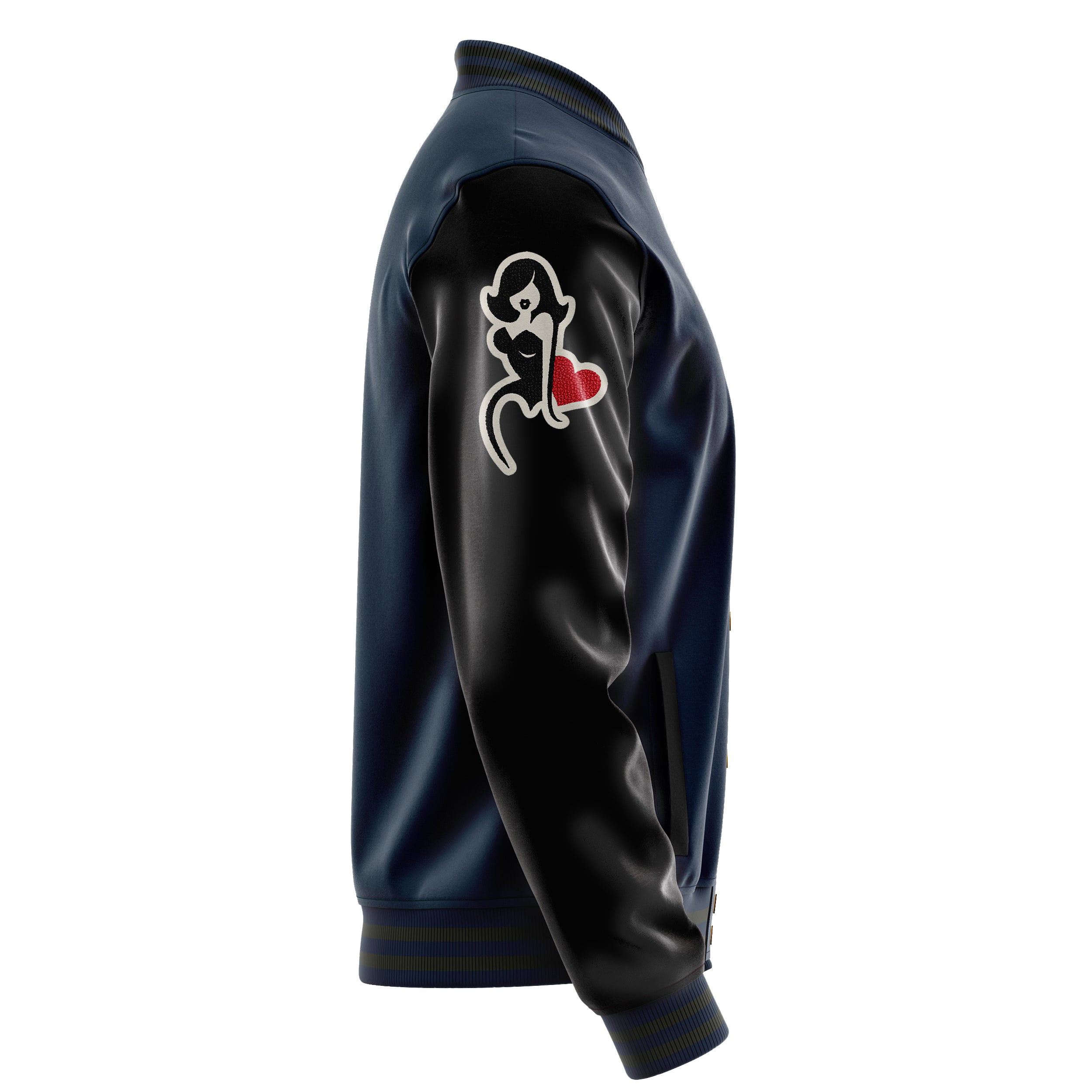 Custom Navy Blue Varsity Jacket Patches Black Leather Sleeves - Hurt the heart