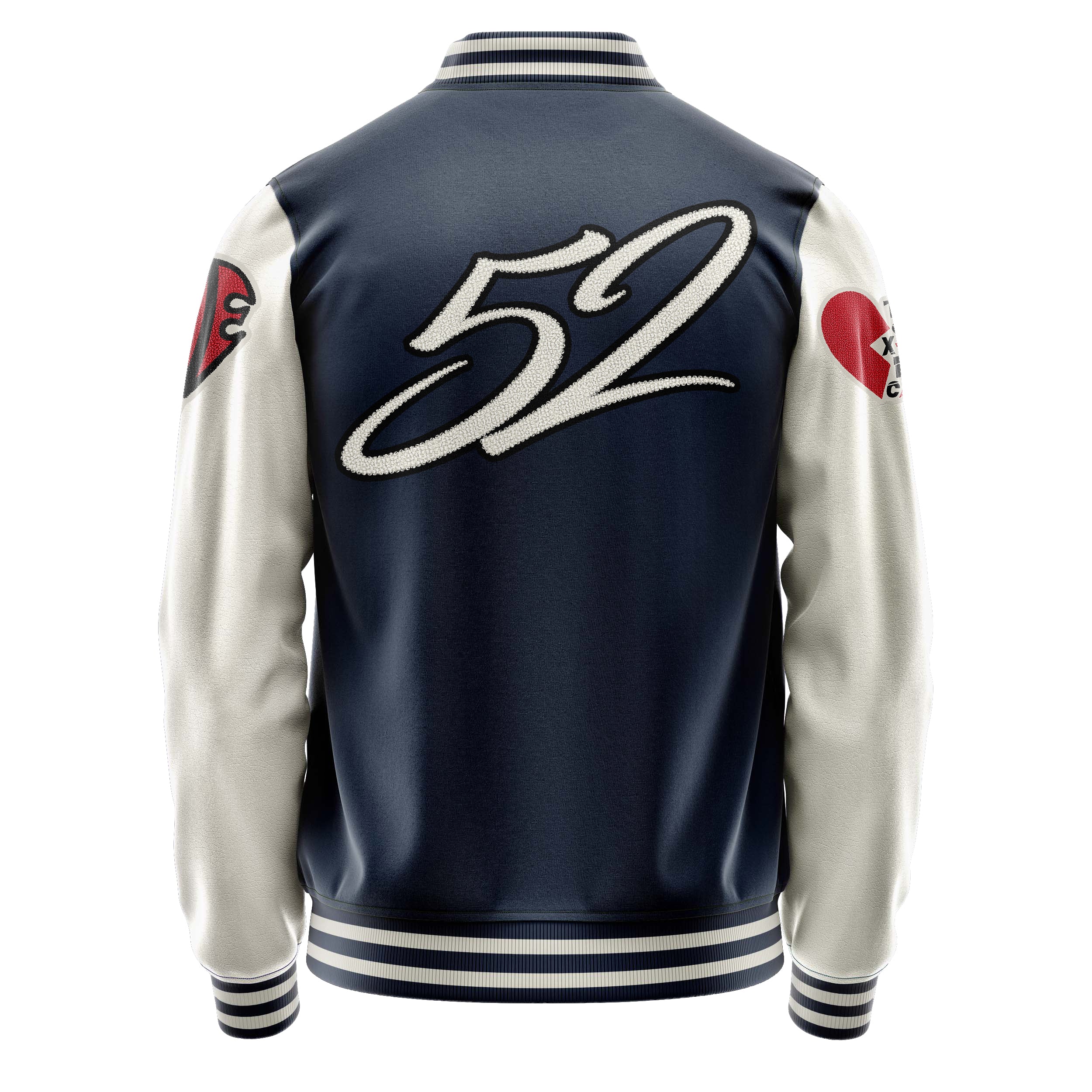 Custom Navy Blue Varsity Jacket Patches Beige Leather Sleeves - Love