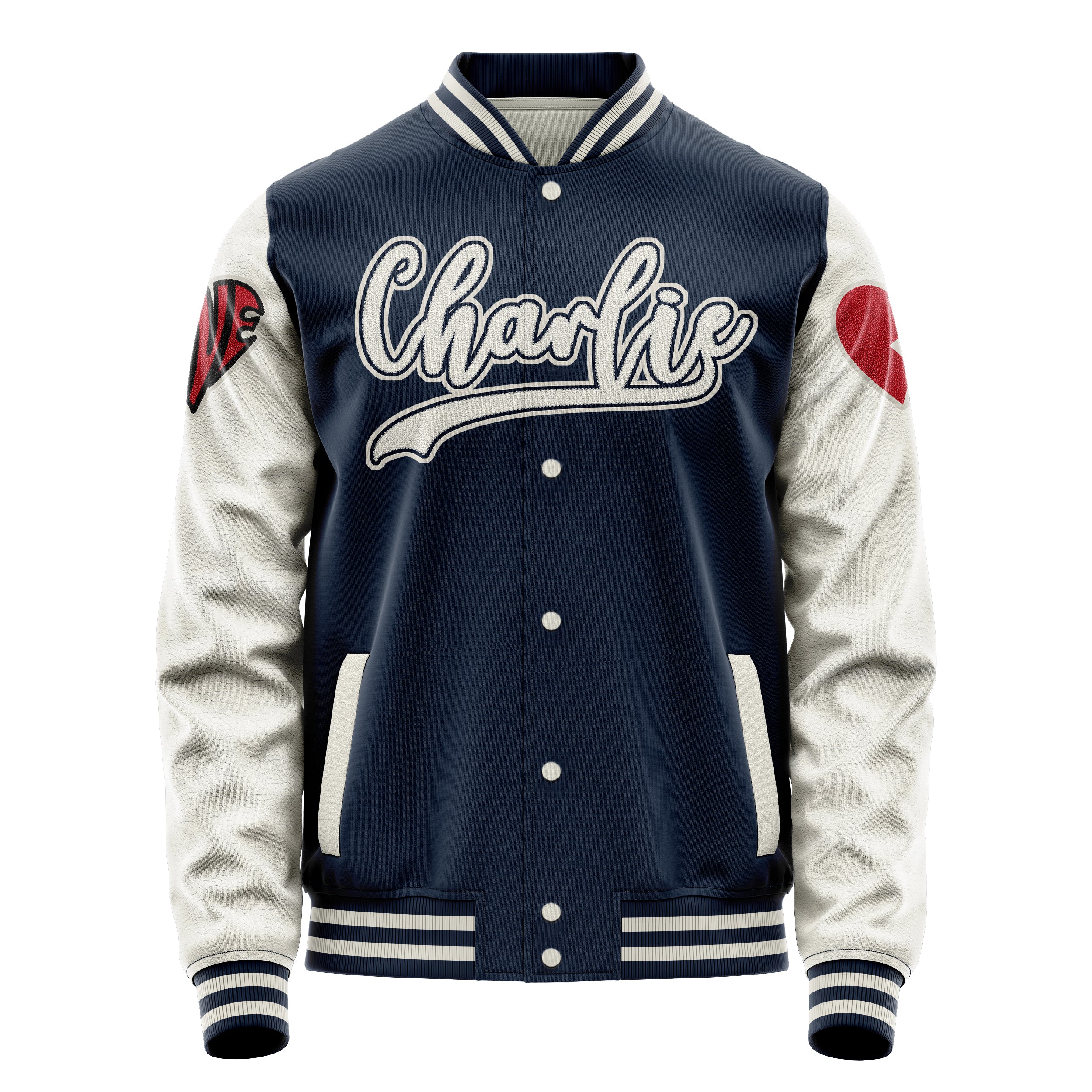 Custom Navy Blue Varsity Jacket Patches Beige Leather Sleeves - Love