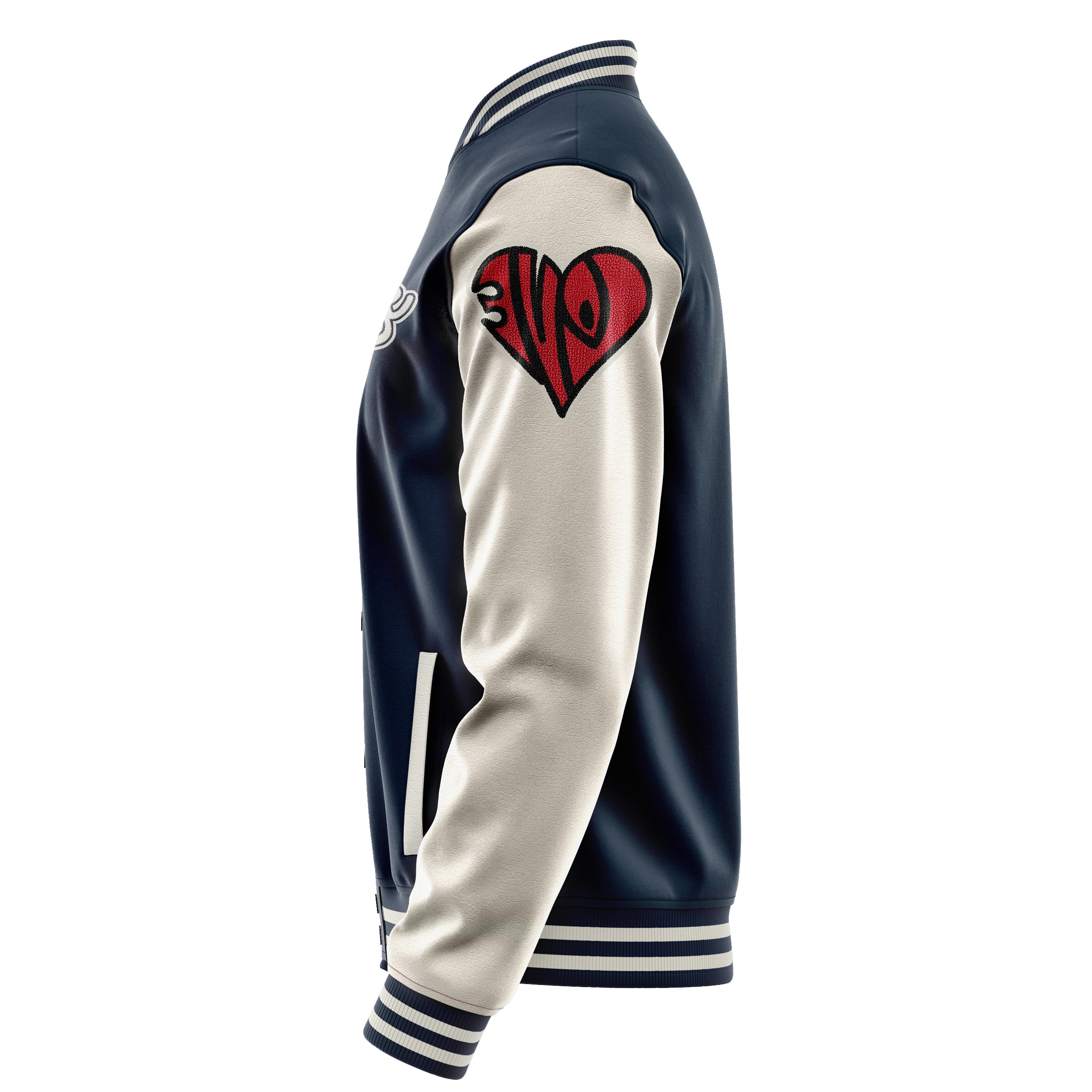 Custom Navy Blue Varsity Jacket Patches Beige Leather Sleeves - Love