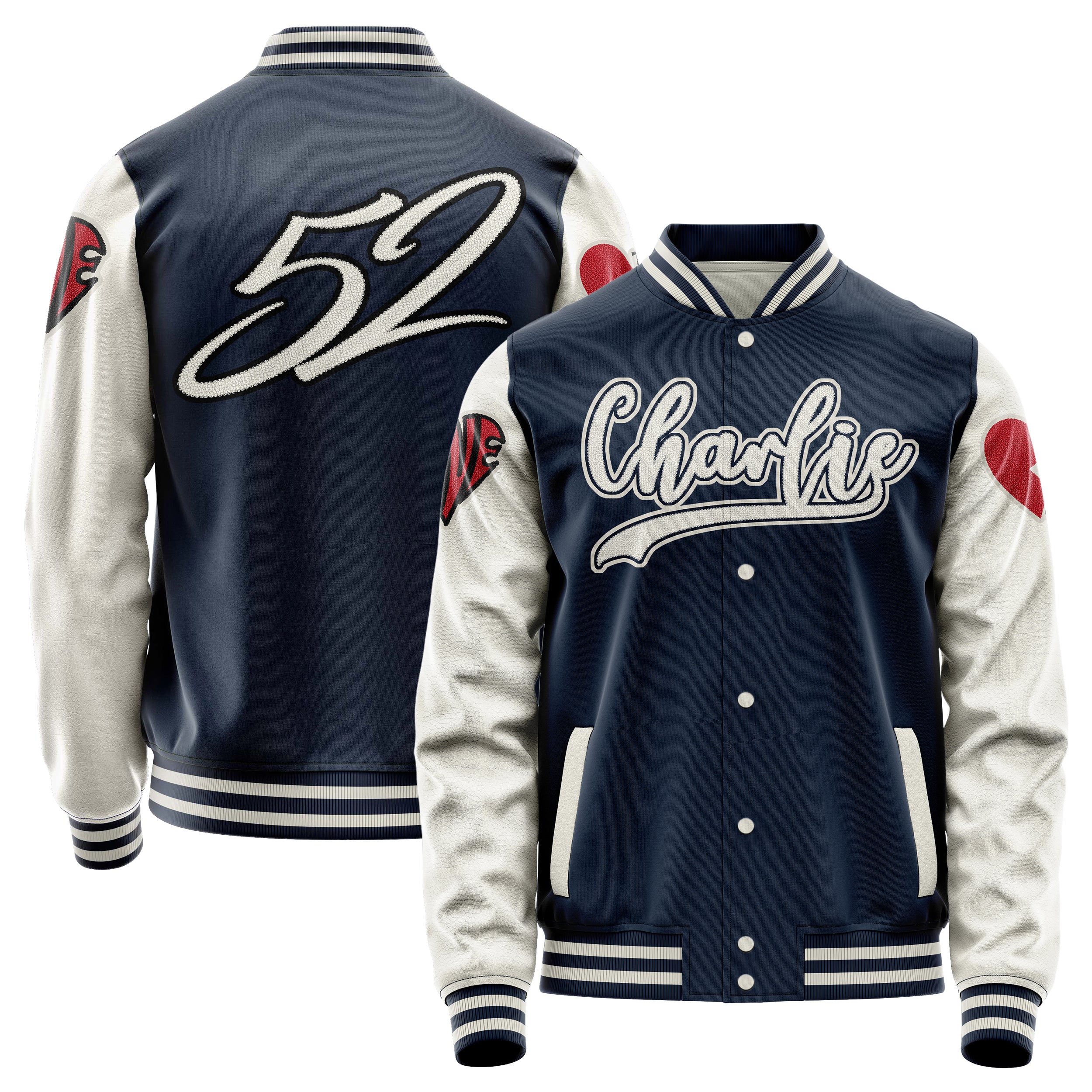 Custom Navy Blue Varsity Jacket Patches Beige Leather Sleeves - Love