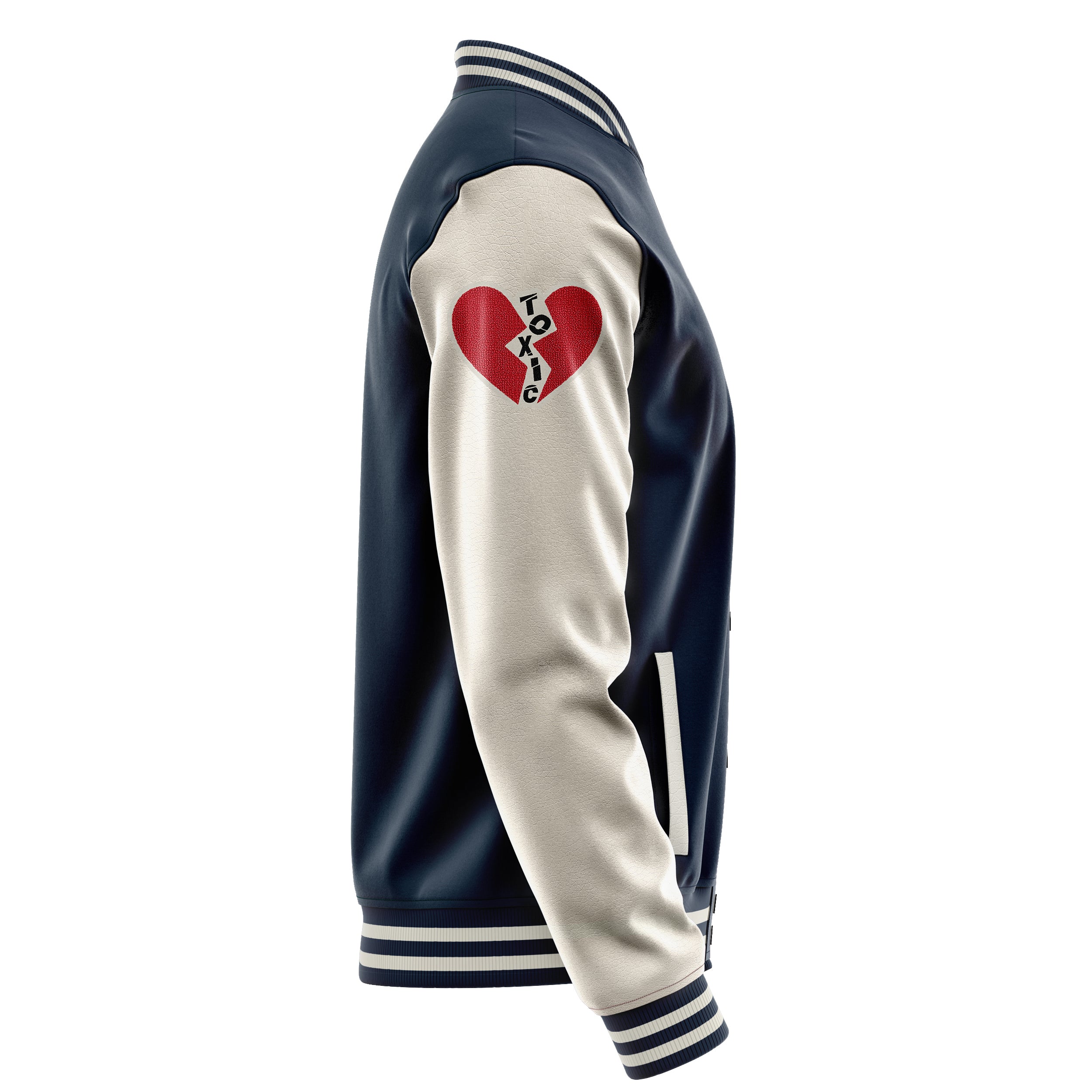 Custom Navy Blue Varsity Jacket Patches Beige Leather Sleeves - Love