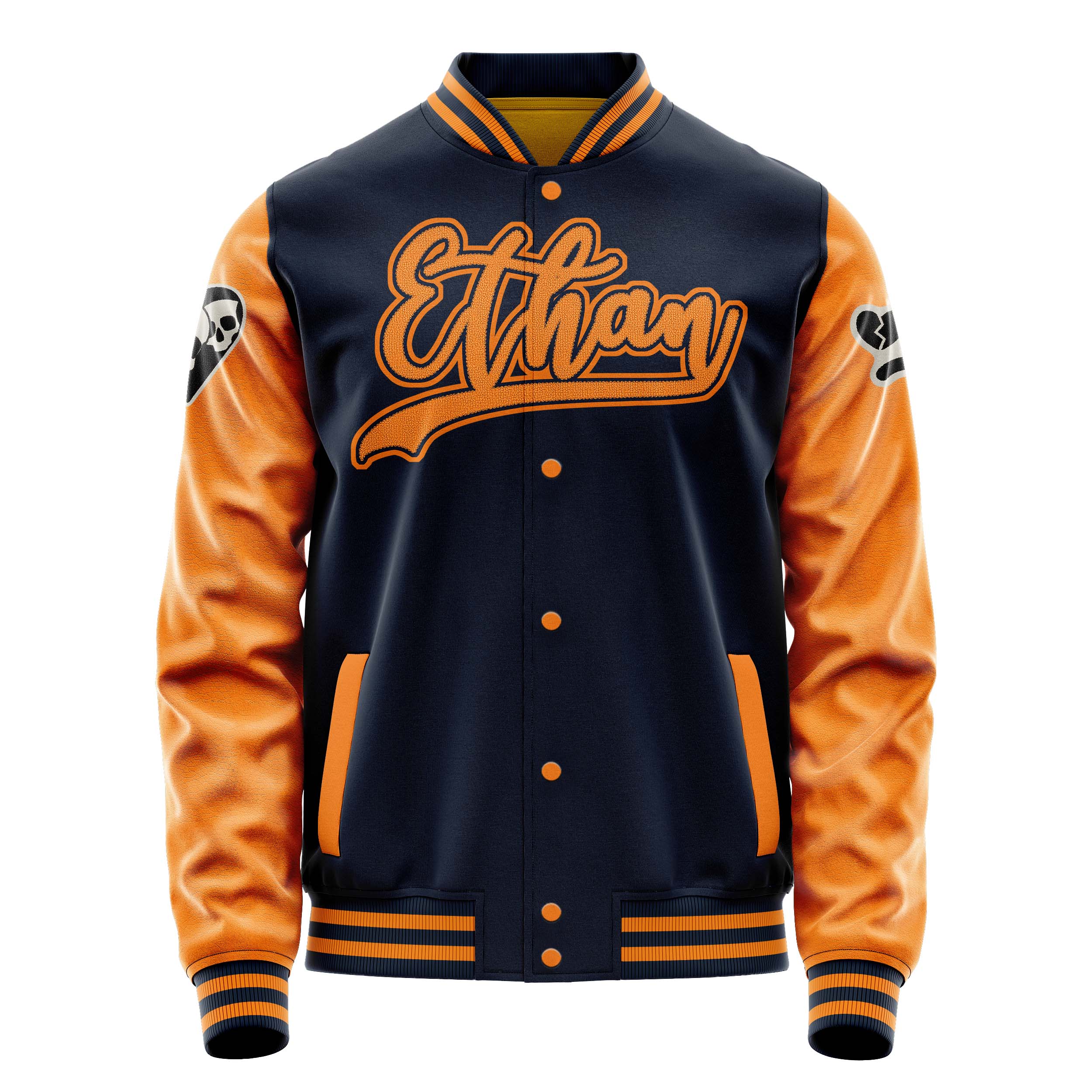 Custom Navy Blue Varsity Jacket Patches Orange Leather Sleeves - Not happy