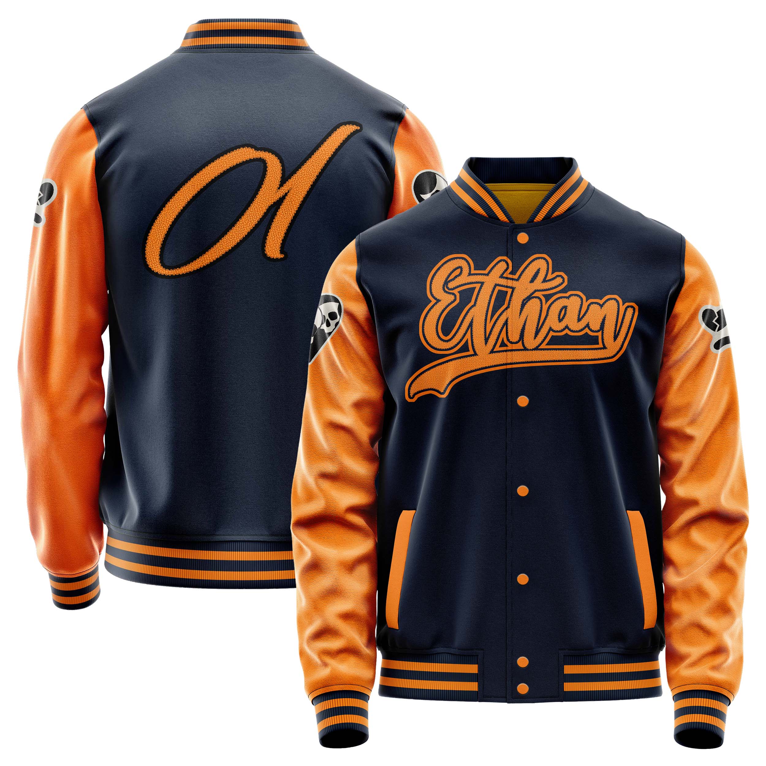 Custom Navy Blue Varsity Jacket Patches Orange Leather Sleeves - Not happy