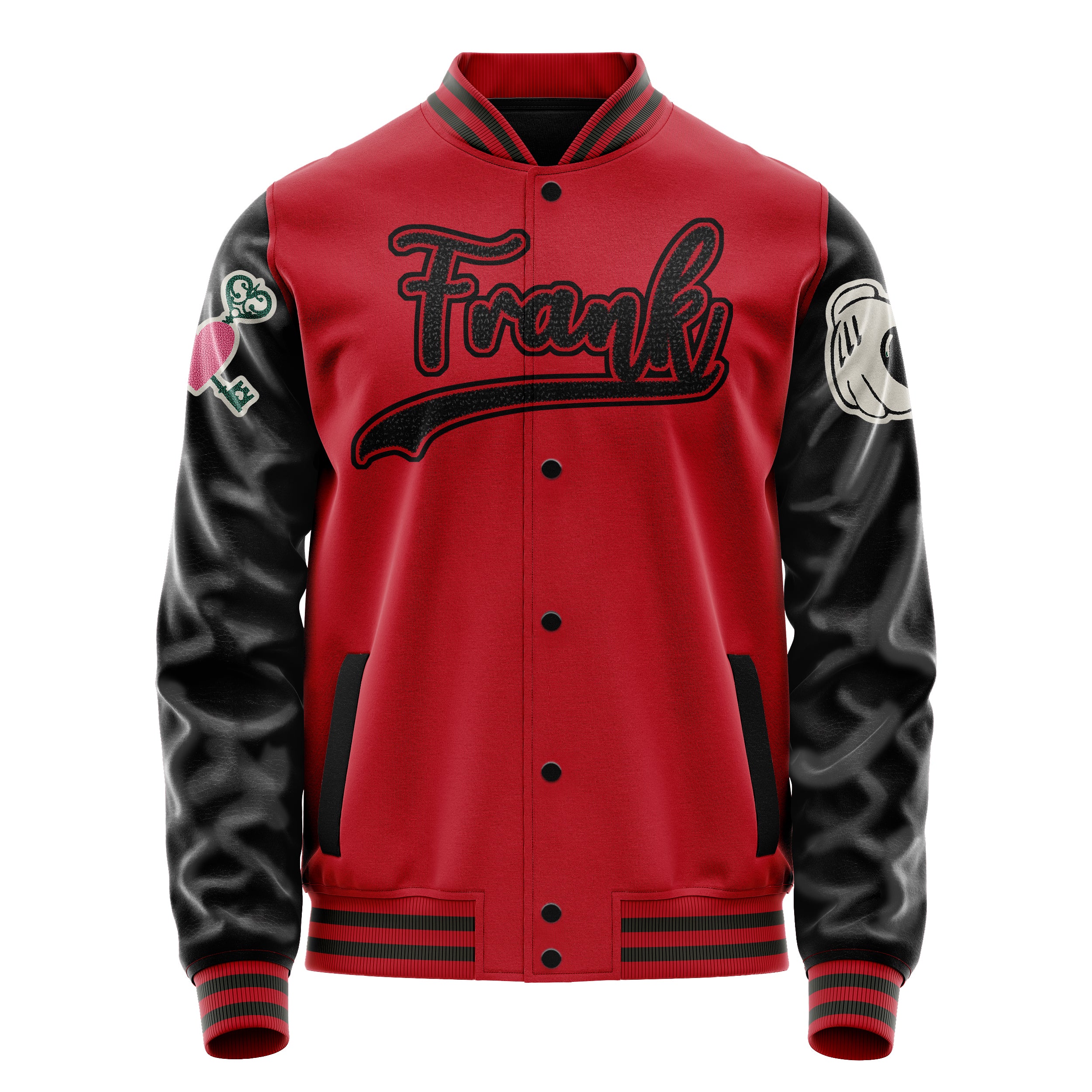 Custom Red Varsity Jacket Patches Black Leather Sleeves - Broken heart