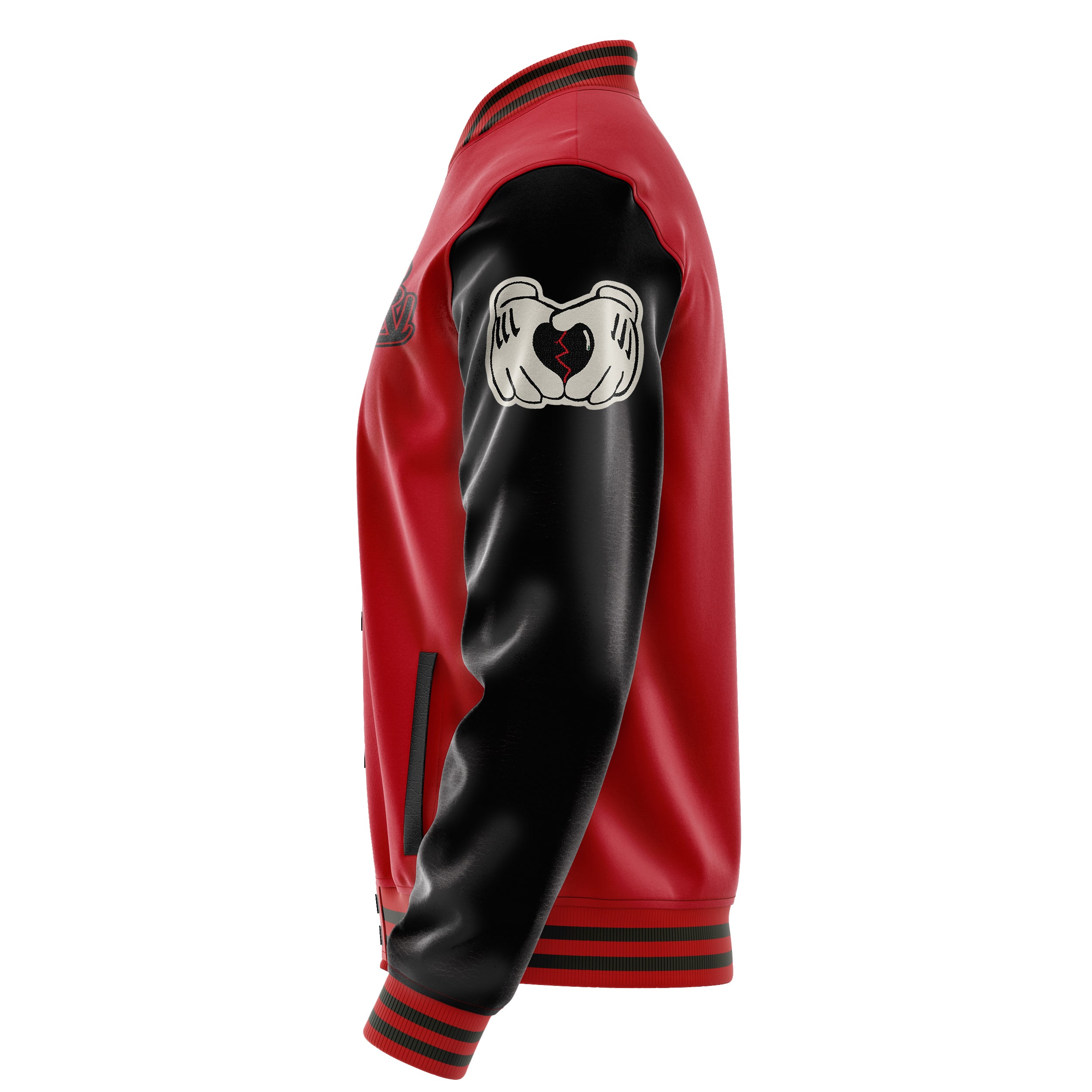 Custom Red Varsity Jacket Patches Black Leather Sleeves - Broken heart