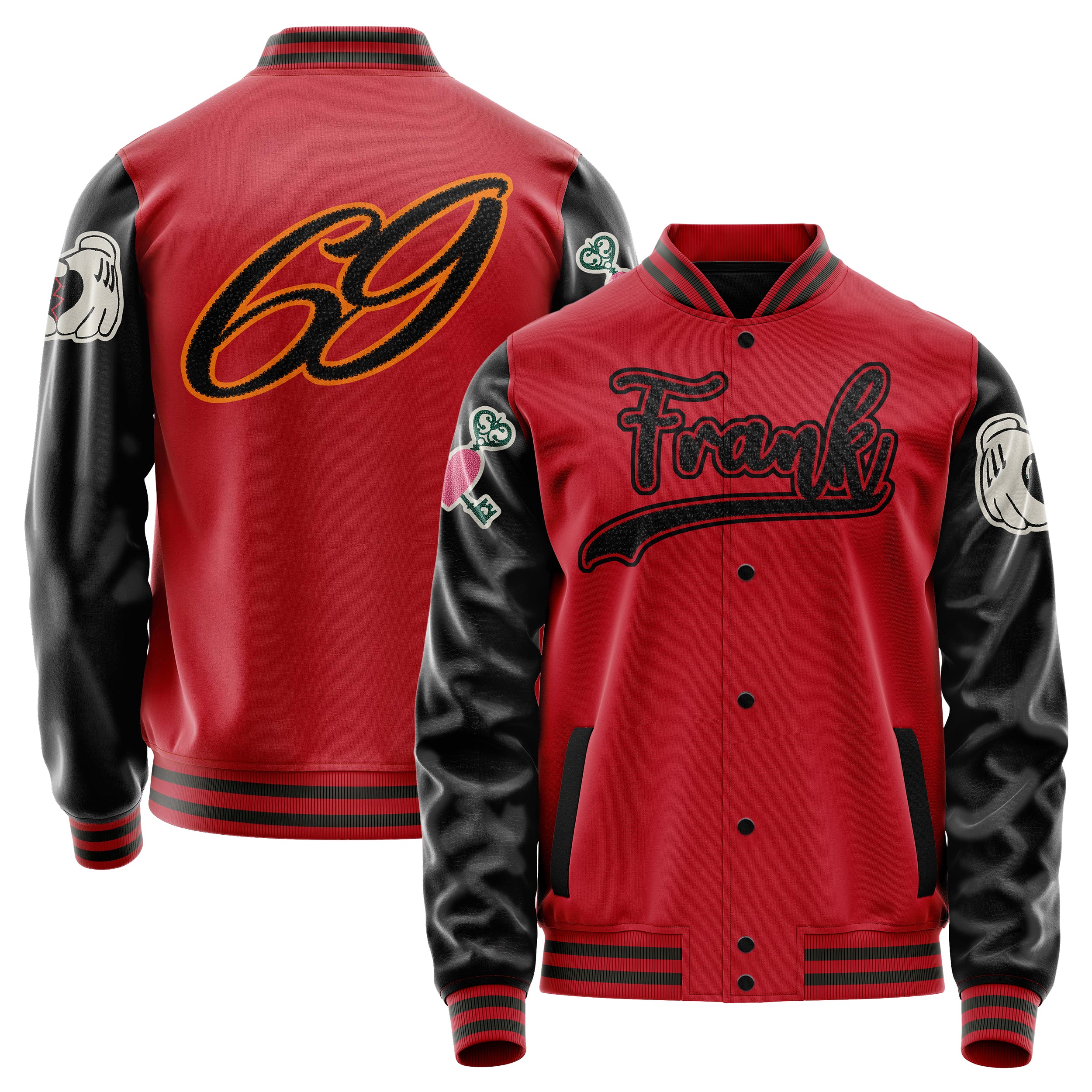 Custom Red Varsity Jacket Patches Black Leather Sleeves - Broken heart