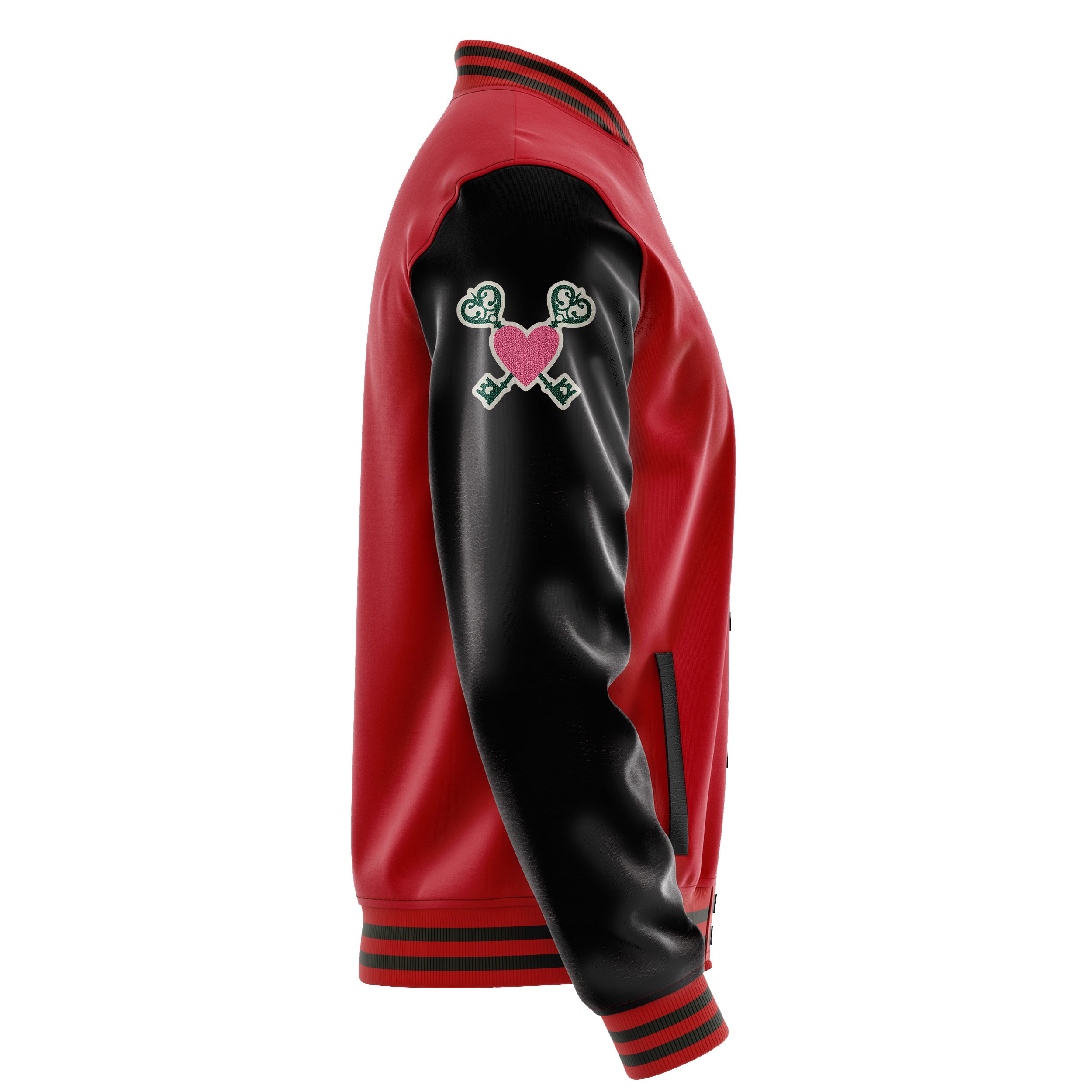 Custom Red Varsity Jacket Patches Black Leather Sleeves - Broken heart