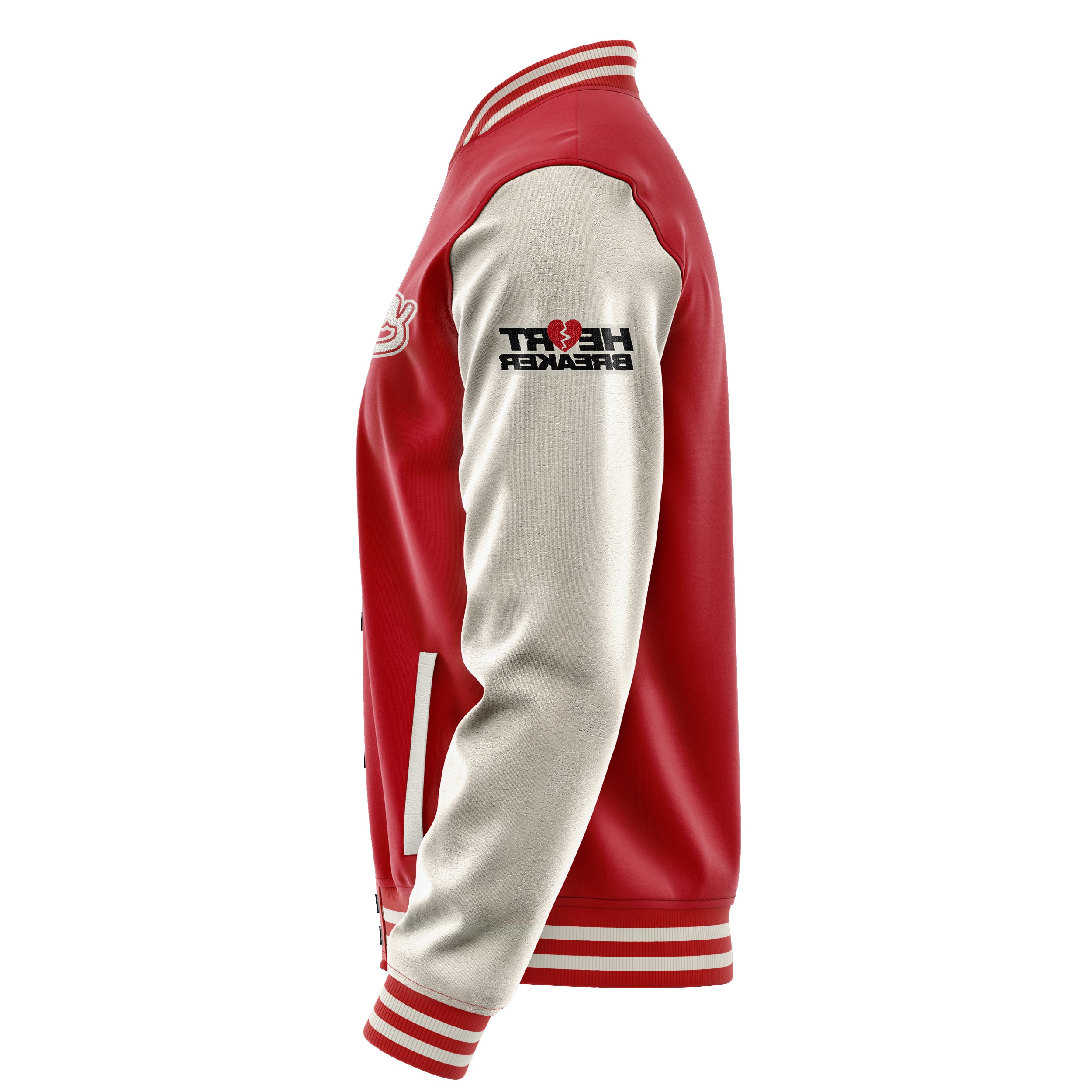 Custom Red Varsity Jacket Patches Beige Leather Sleeves - Heart Breaker