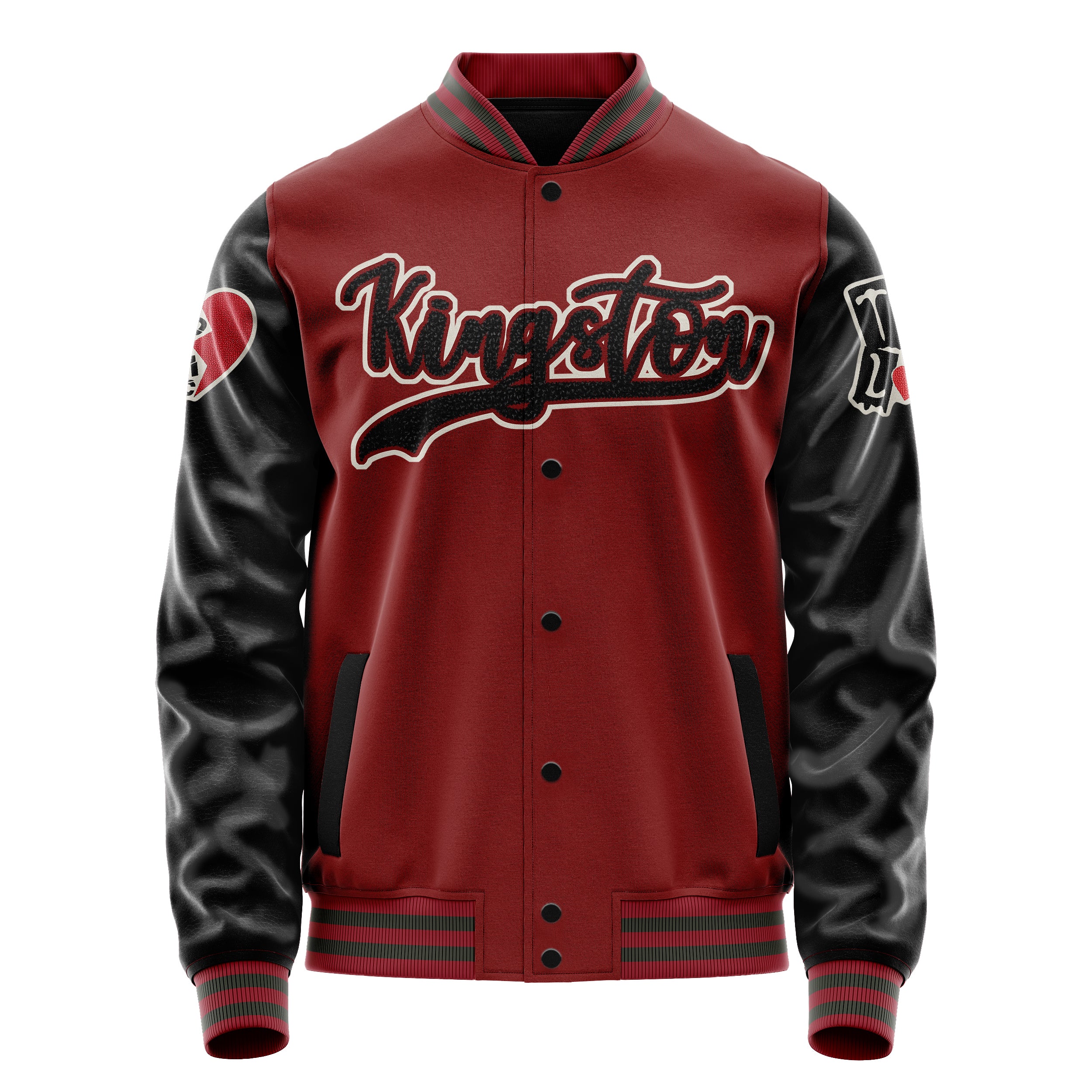 Custom Dark Red Varsity Jacket Patches Black Leather Sleeves - Toxic