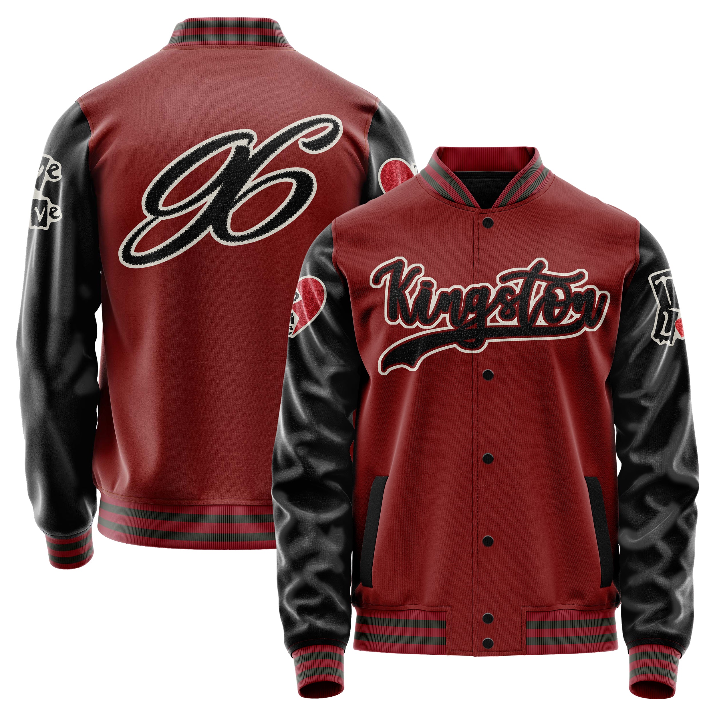 Custom Dark Red Varsity Jacket Patches Black Leather Sleeves - Toxic