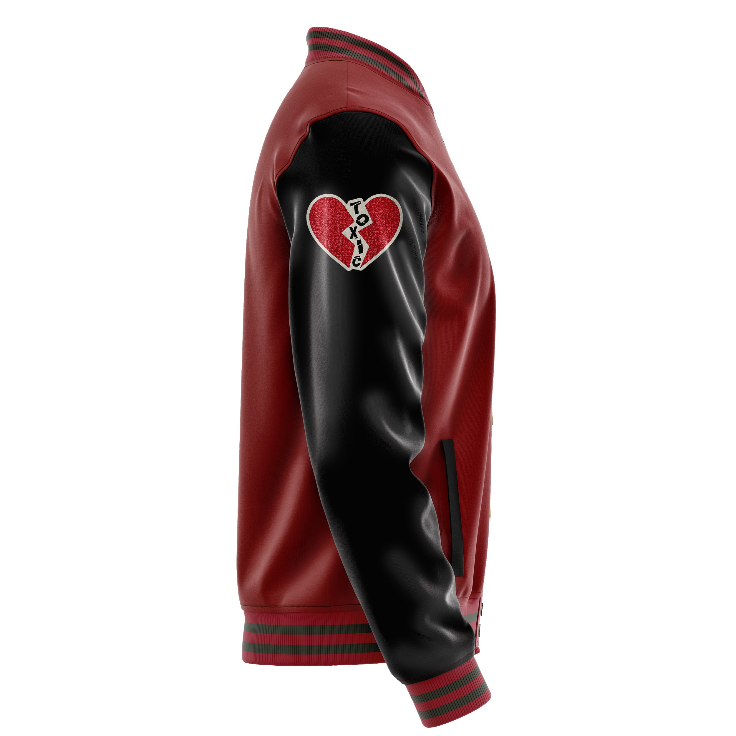 Custom Dark Red Varsity Jacket Patches Black Leather Sleeves - Toxic