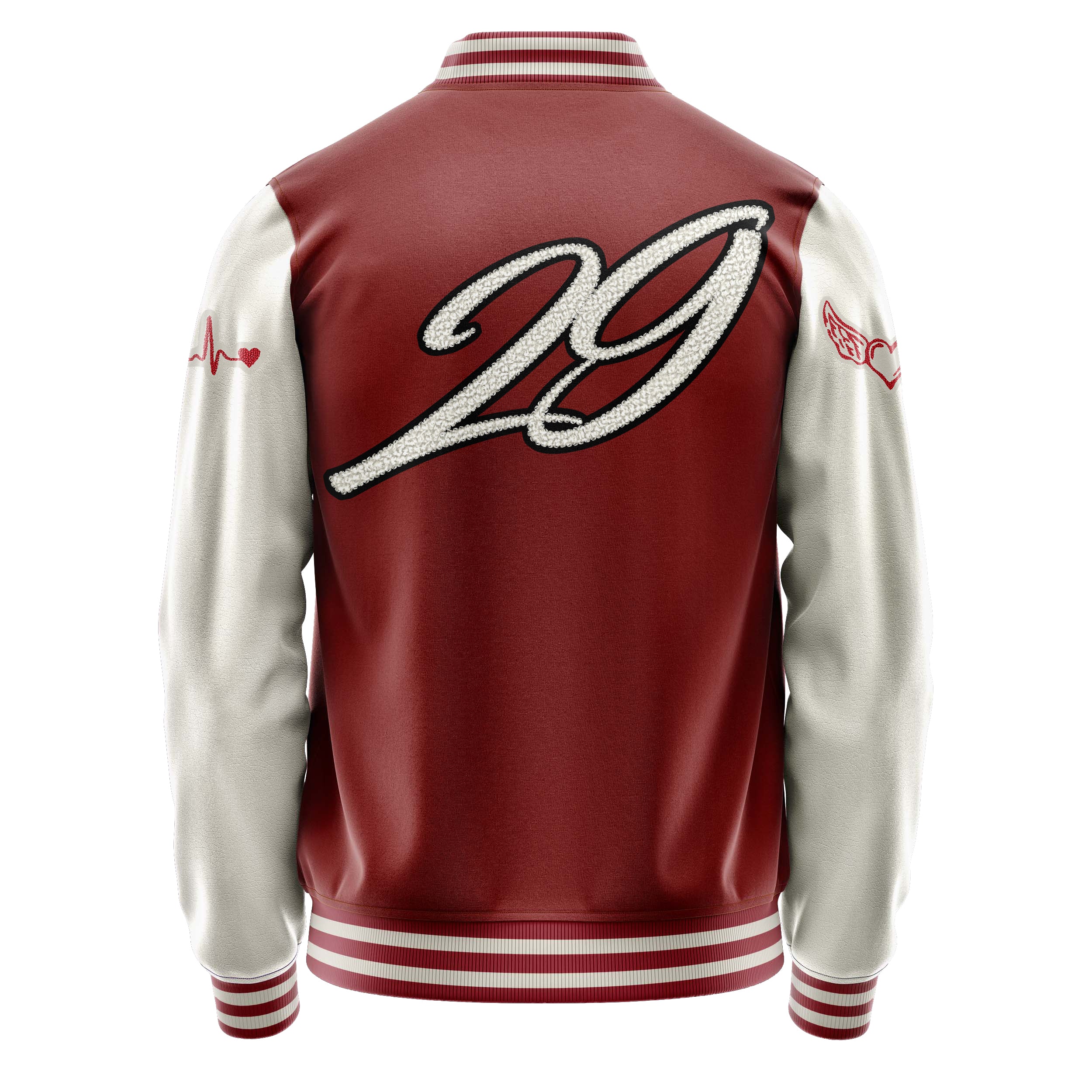 Custom Dark Red Varsity Jacket Patches Beige Leather Sleeves - Ekg Herz heart heart ekg