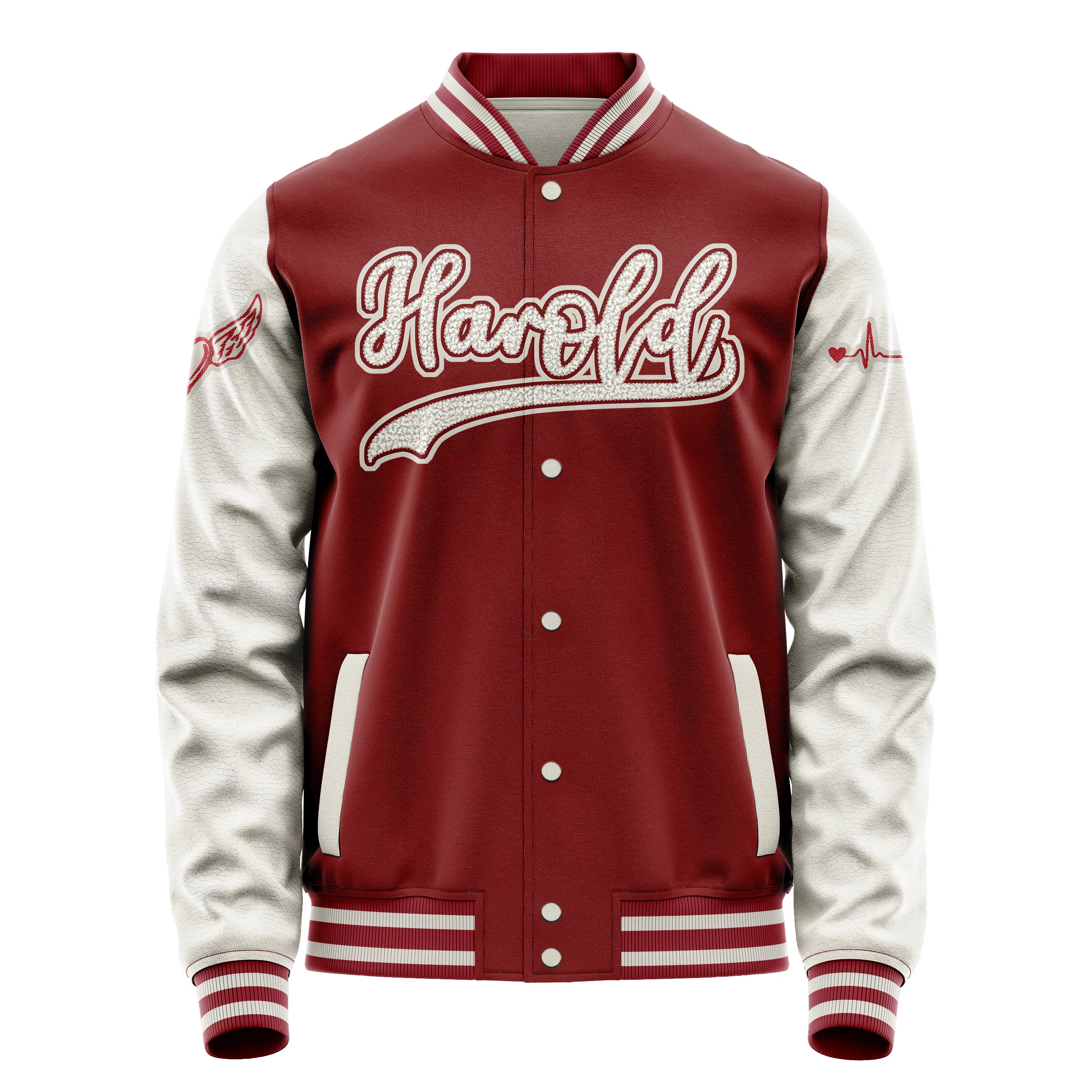 Custom Dark Red Varsity Jacket Patches Beige Leather Sleeves - Ekg Herz heart heart ekg