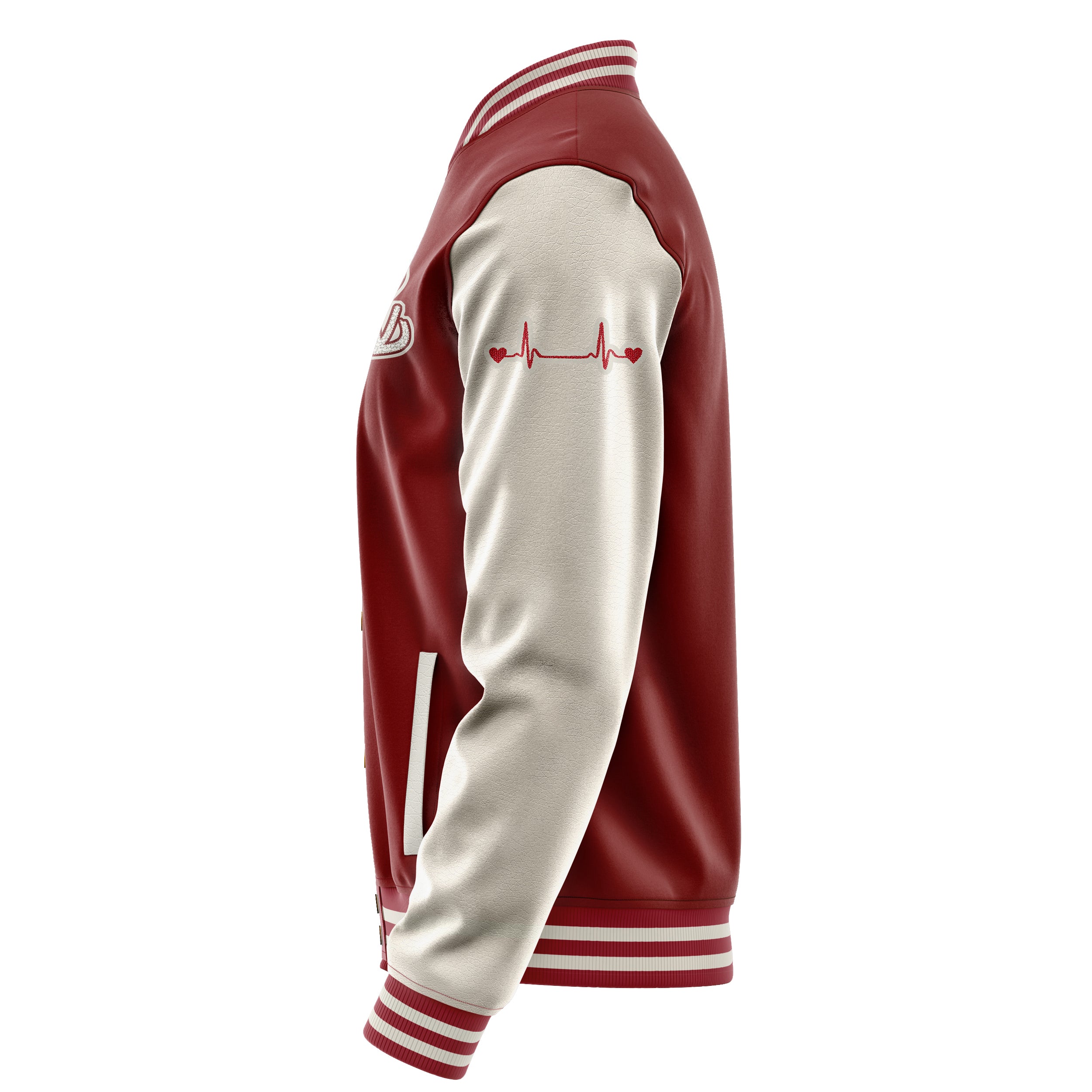 Custom Dark Red Varsity Jacket Patches Beige Leather Sleeves - Ekg Herz heart heart ekg