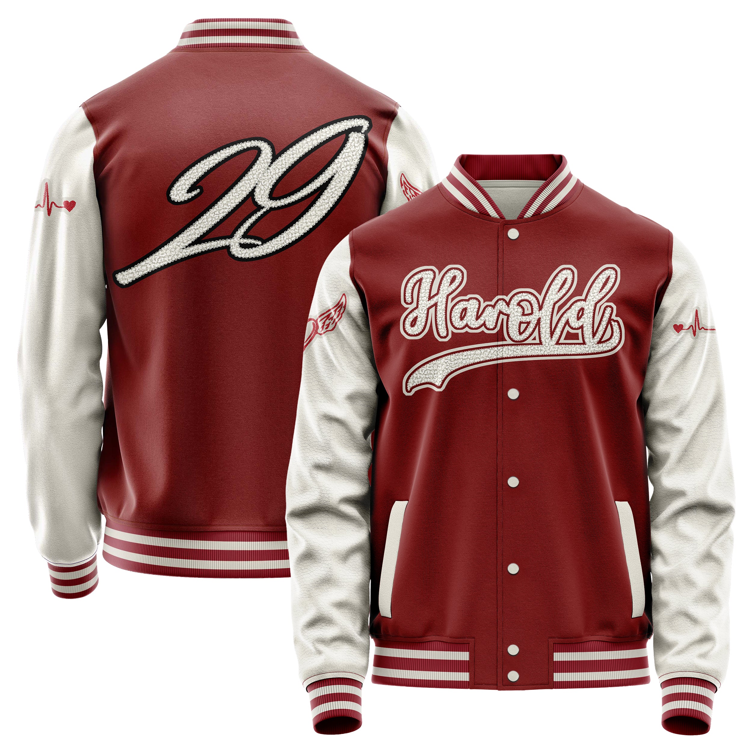 Custom Dark Red Varsity Jacket Patches Beige Leather Sleeves - Ekg Herz heart heart ekg