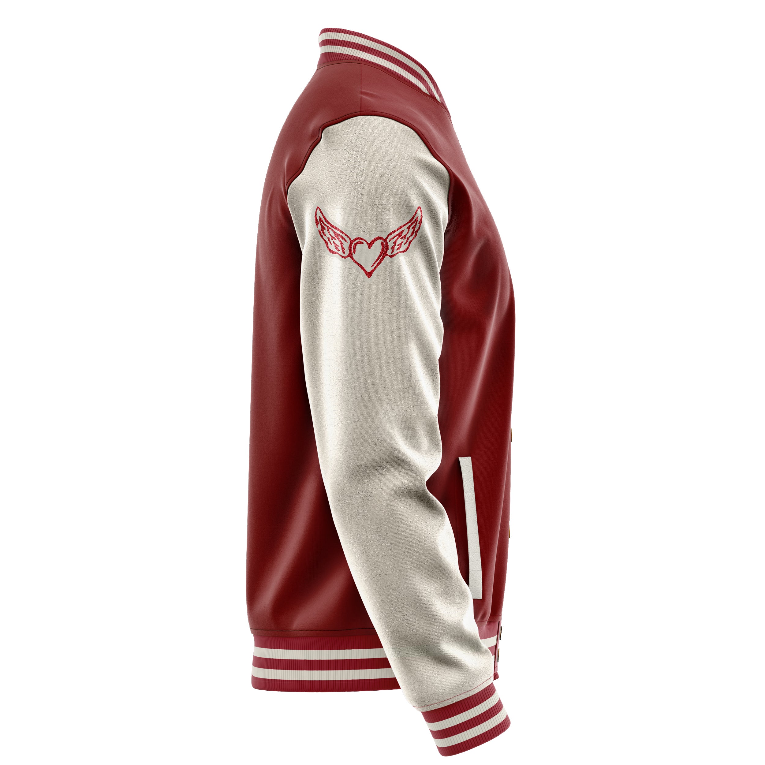 Custom Dark Red Varsity Jacket Patches Beige Leather Sleeves - Ekg Herz heart heart ekg