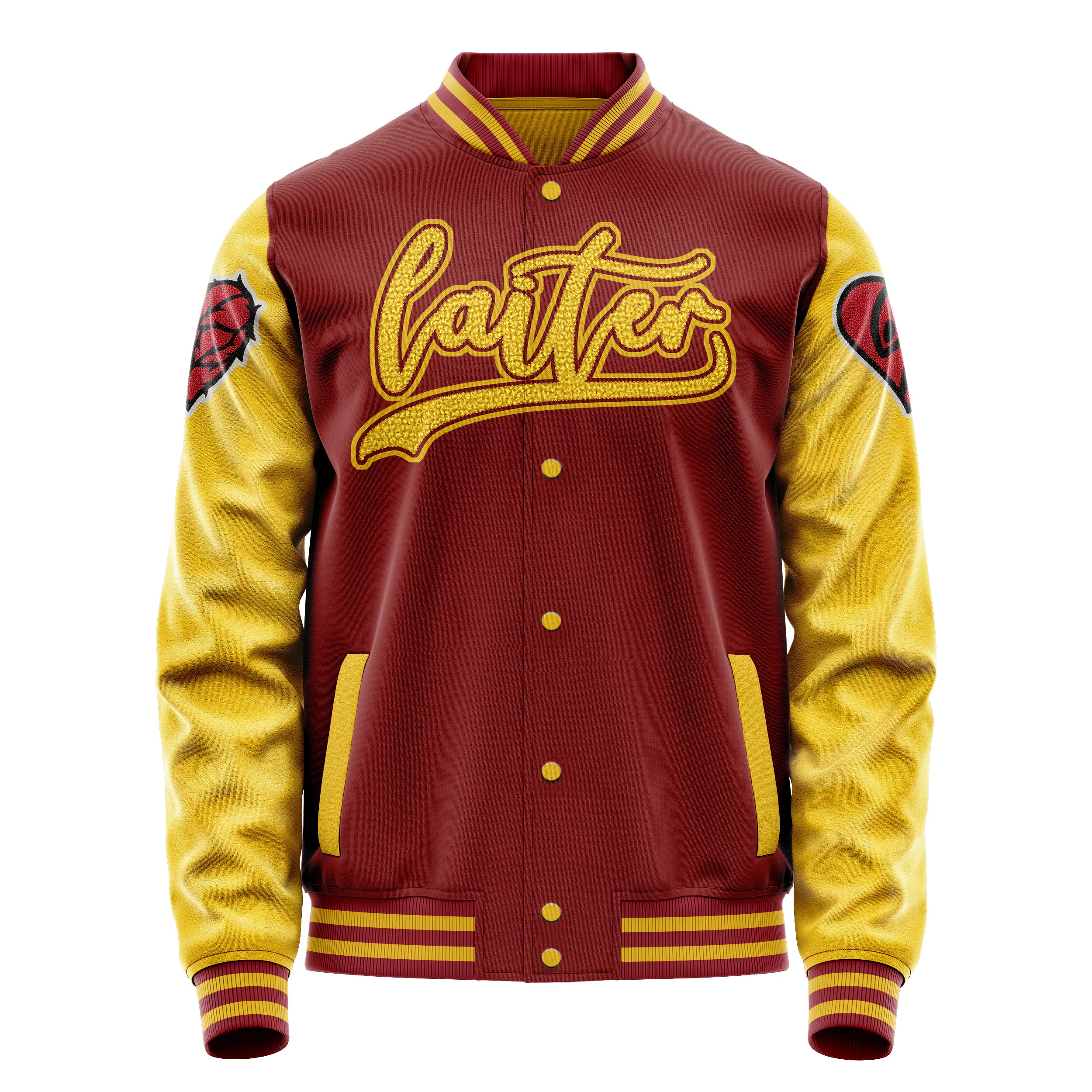 Custom Dark Red Varsity Jacket Patches Egg Yellow Leather Sleeves - Heart of thorns