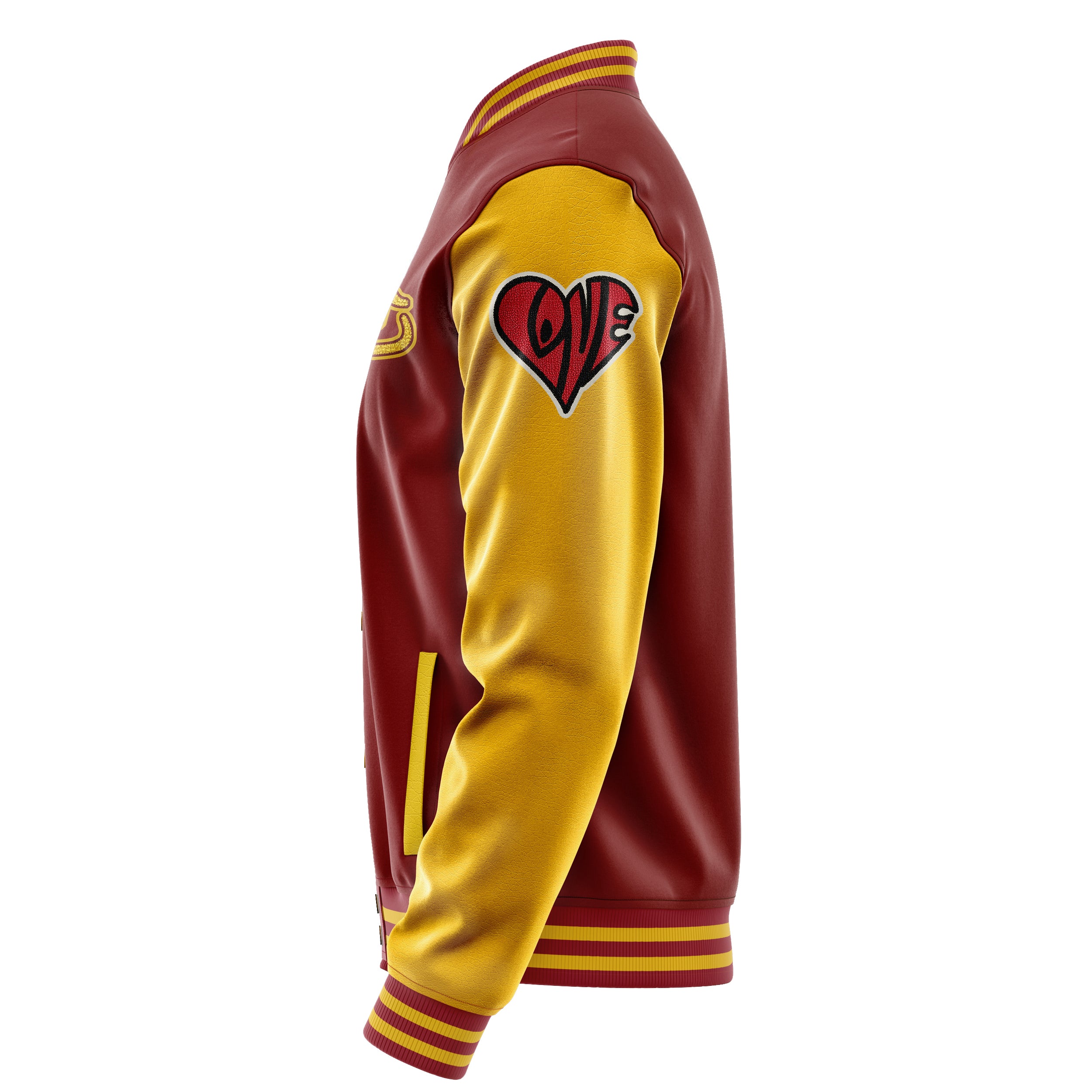Custom Dark Red Varsity Jacket Patches Egg Yellow Leather Sleeves - Heart of thorns
