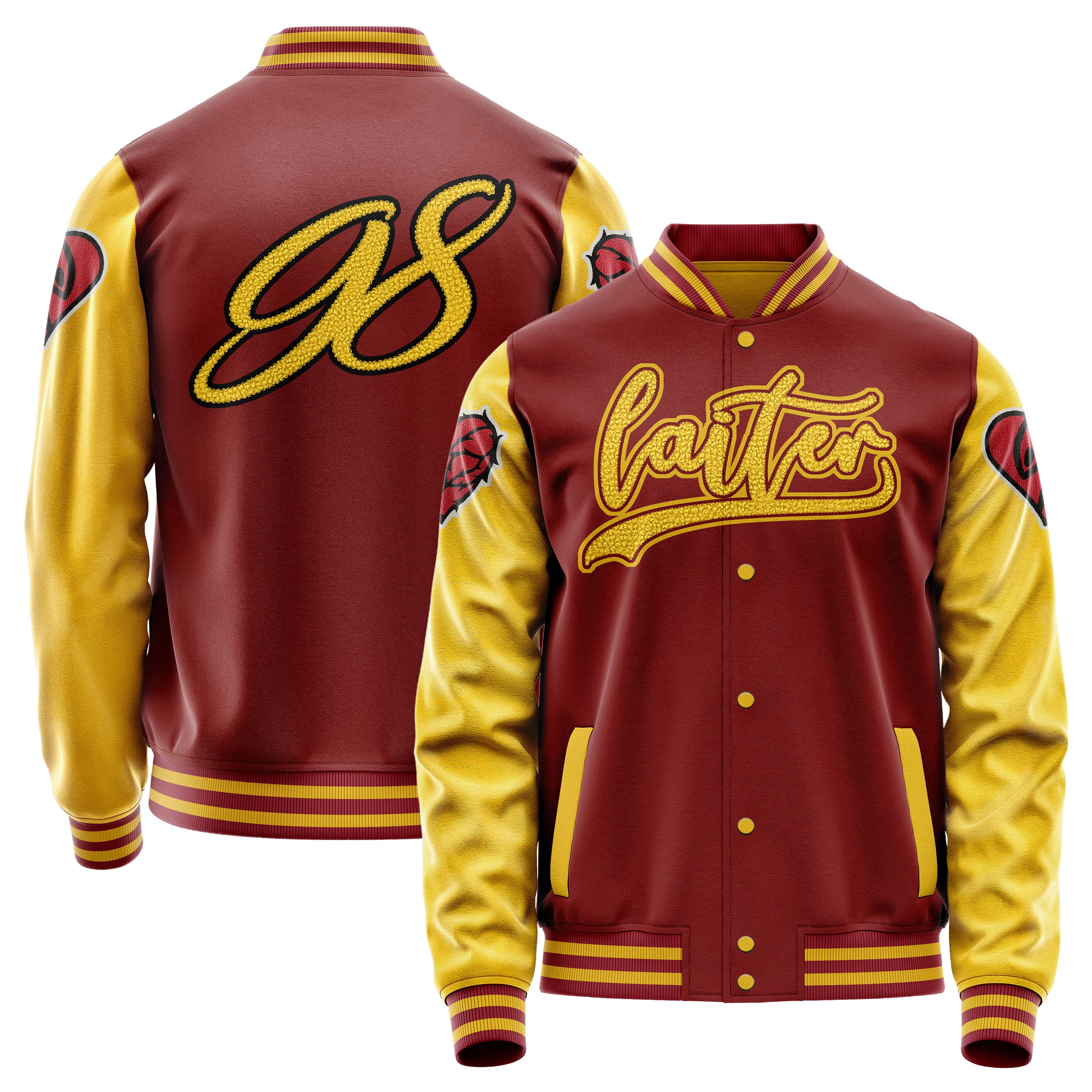 Custom Dark Red Varsity Jacket Patches Egg Yellow Leather Sleeves - Heart of thorns