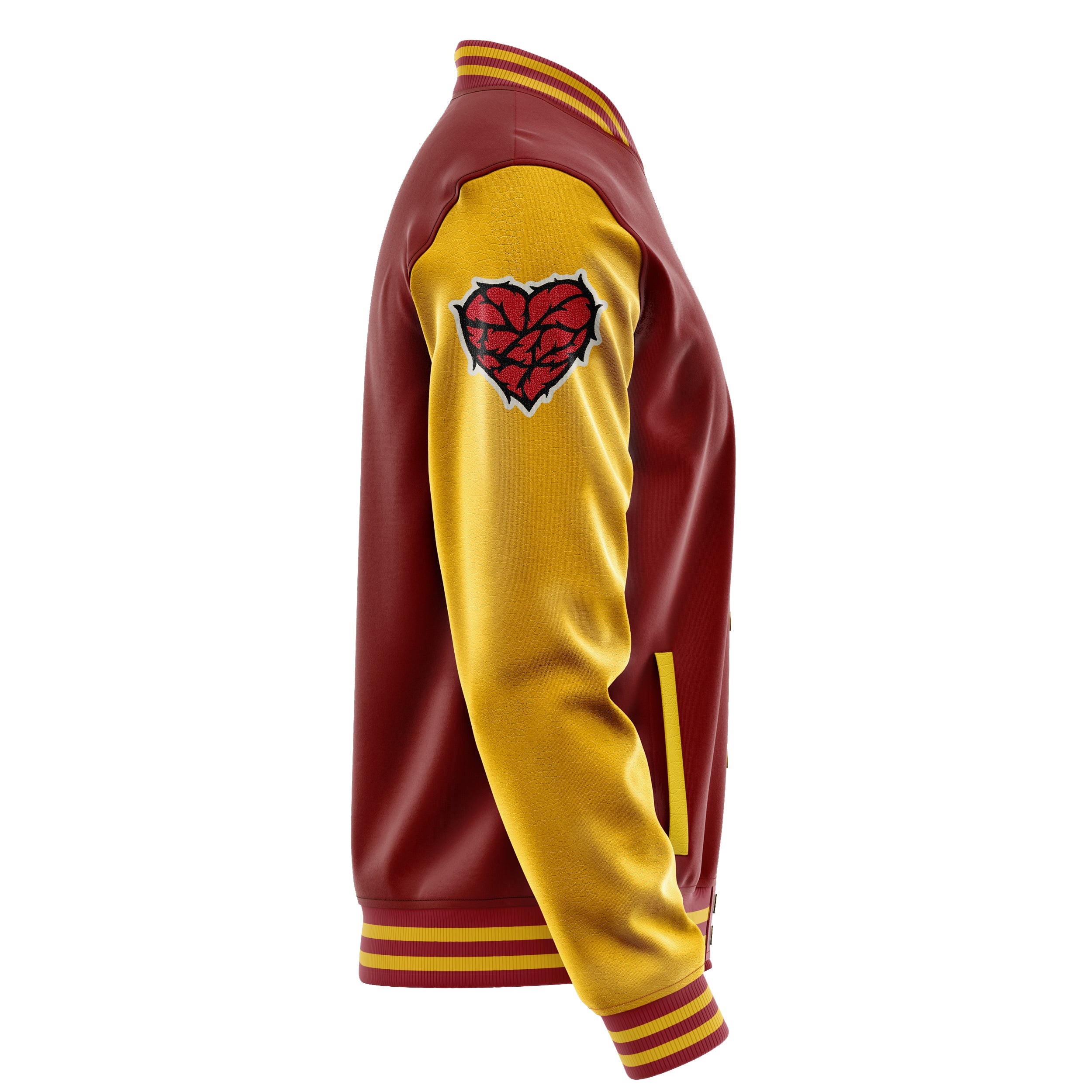 Custom Dark Red Varsity Jacket Patches Egg Yellow Leather Sleeves - Heart of thorns