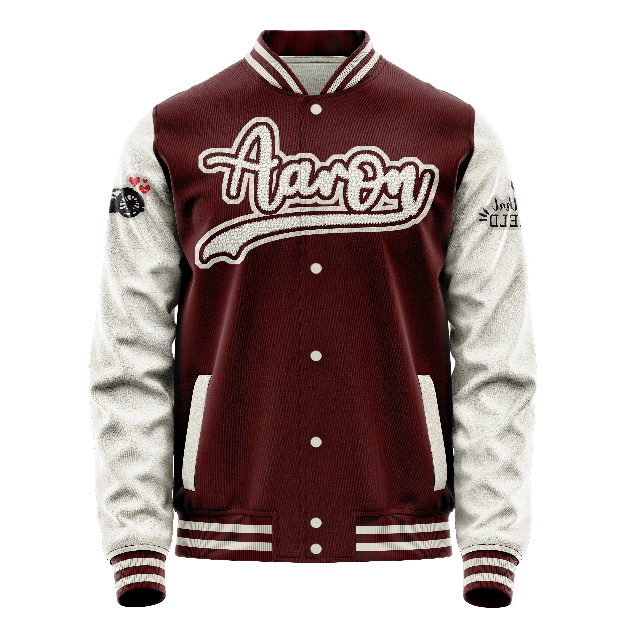 Custom Wine Red Varsity Jacket Patches Beige Leather Sleeves - My Heart is on that Field