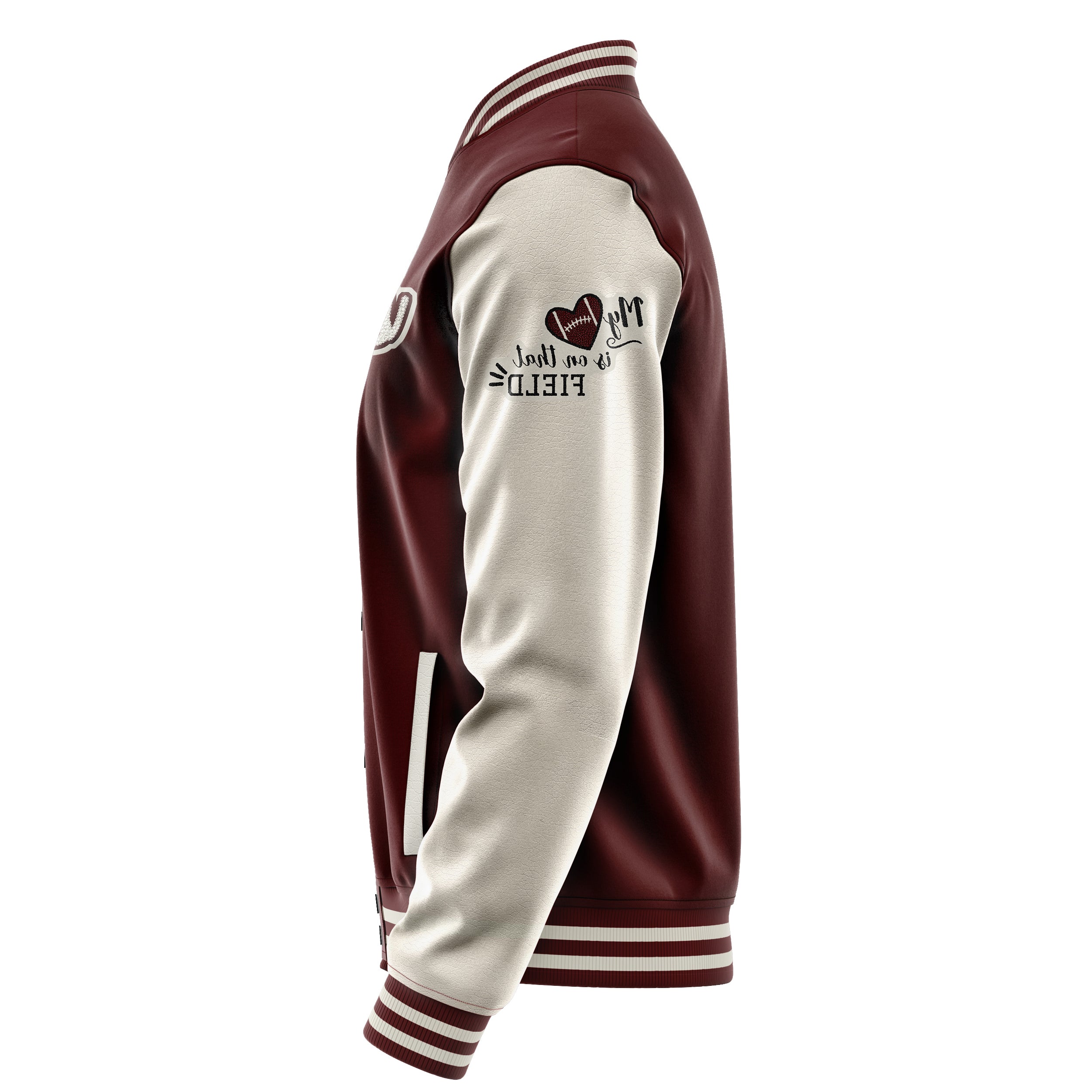 Custom Wine Red Varsity Jacket Patches Beige Leather Sleeves - My Heart is on that Field