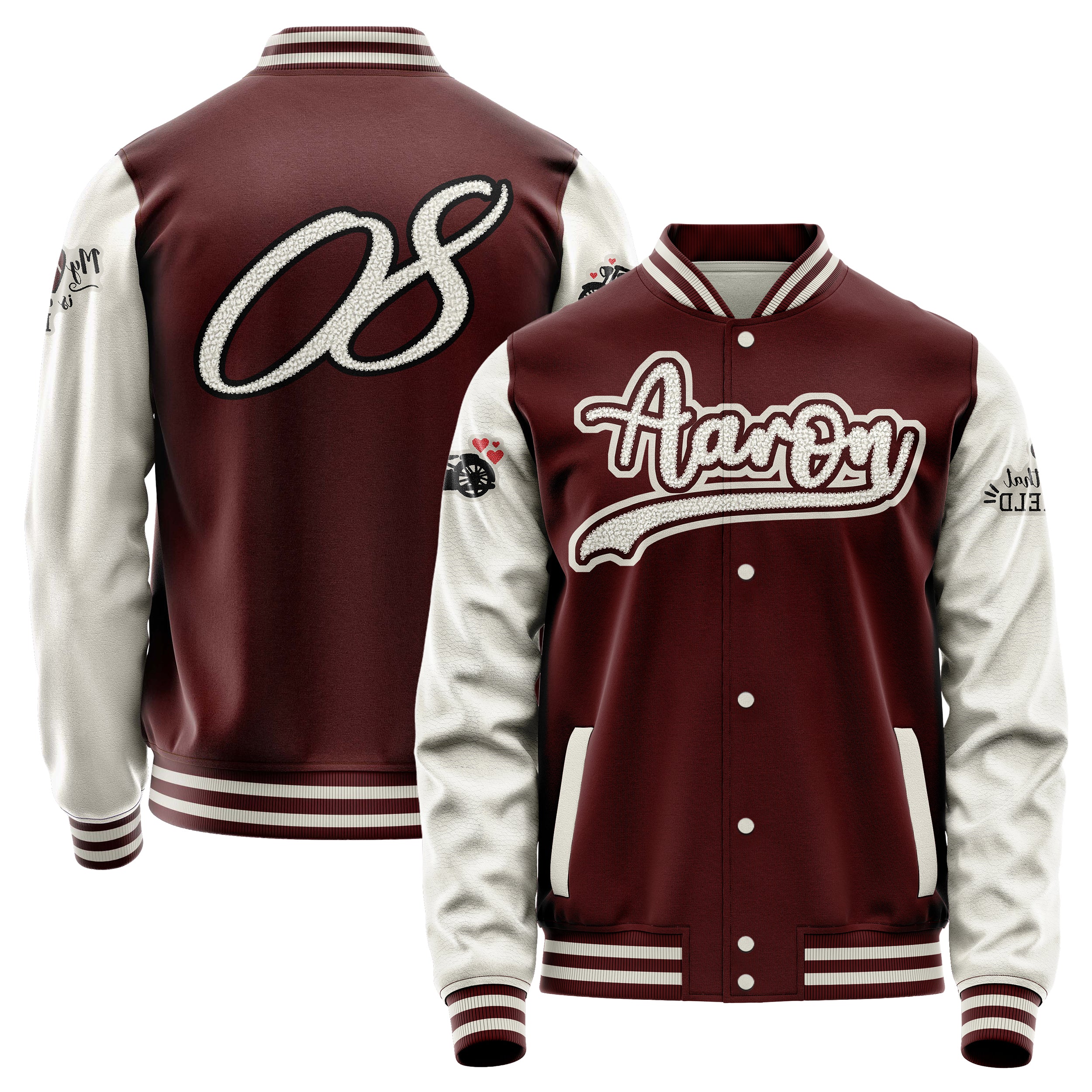 Custom Wine Red Varsity Jacket Patches Beige Leather Sleeves - My Heart is on that Field