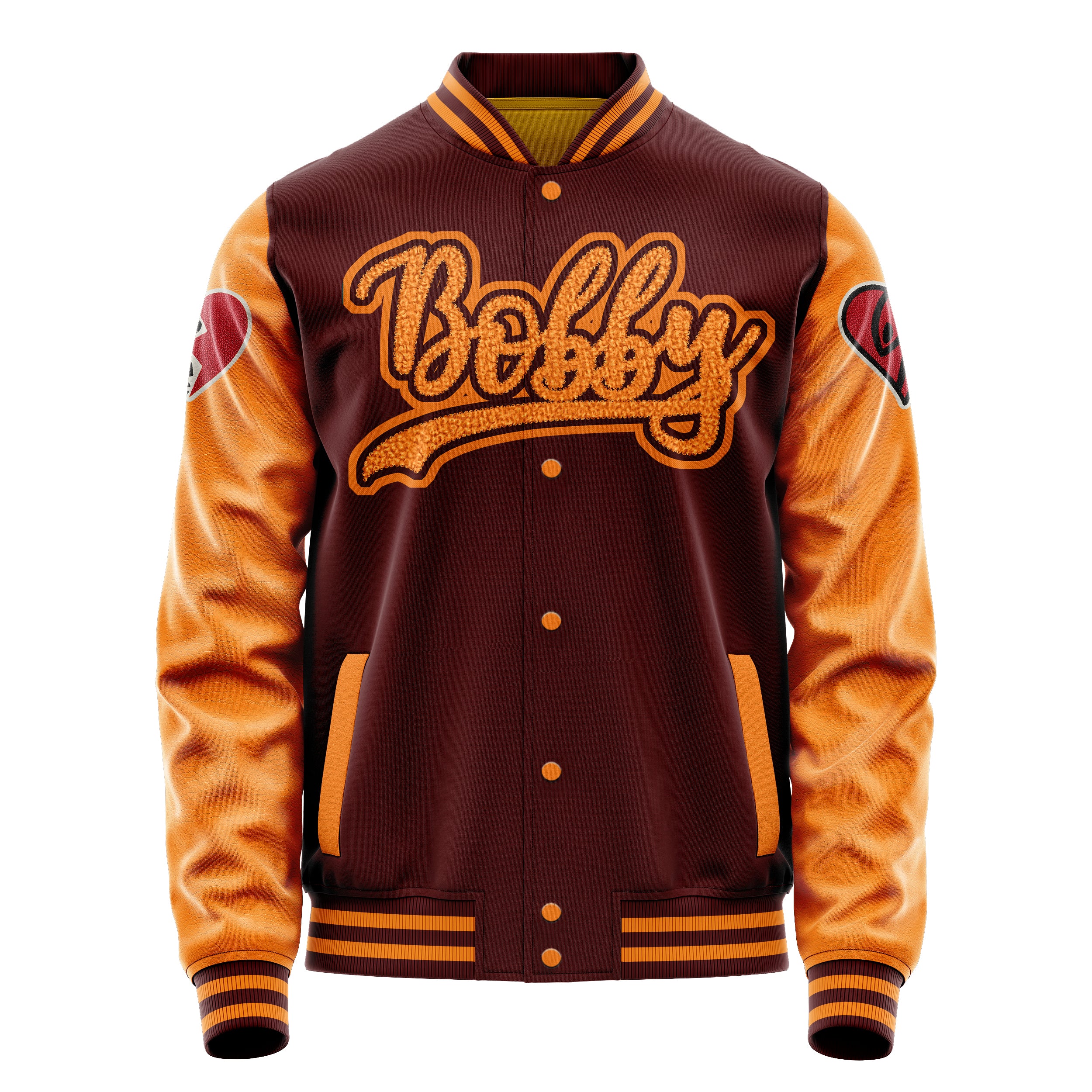 Custom Wine Red Varsity Jacket Patches Orange Leather Sleeves - Love