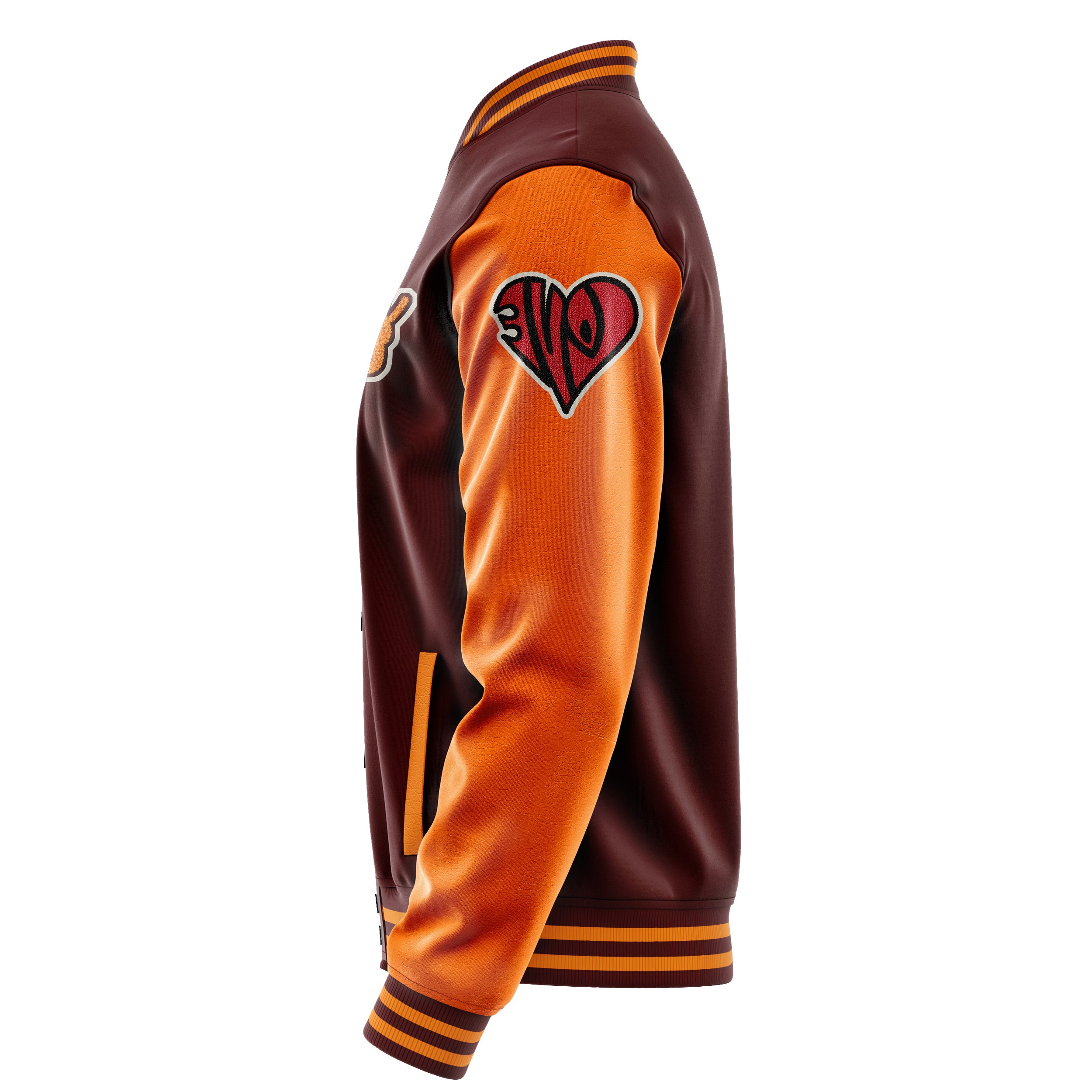 Custom Wine Red Varsity Jacket Patches Orange Leather Sleeves - Love