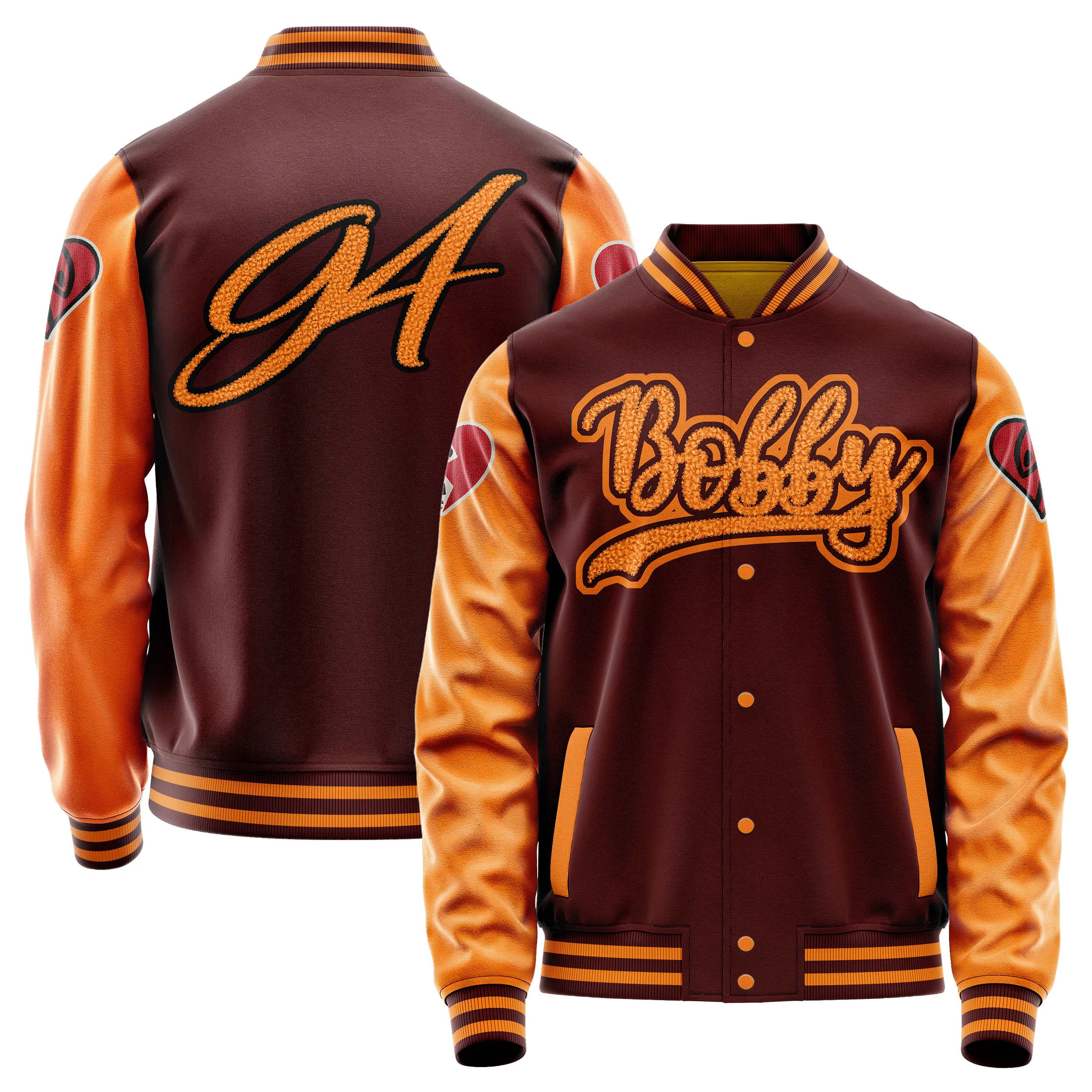 Custom Wine Red Varsity Jacket Patches Orange Leather Sleeves - Love