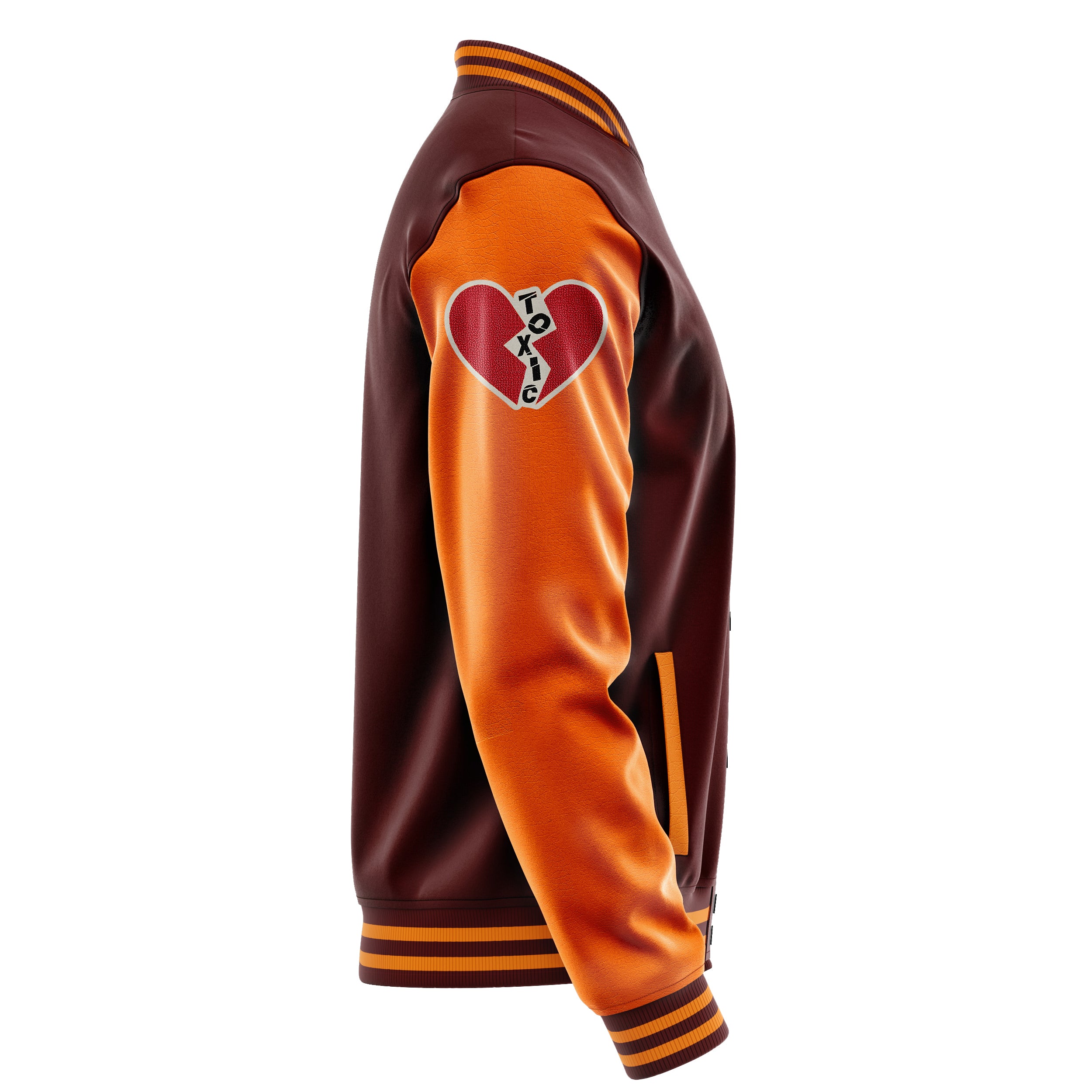 Custom Wine Red Varsity Jacket Patches Orange Leather Sleeves - Love