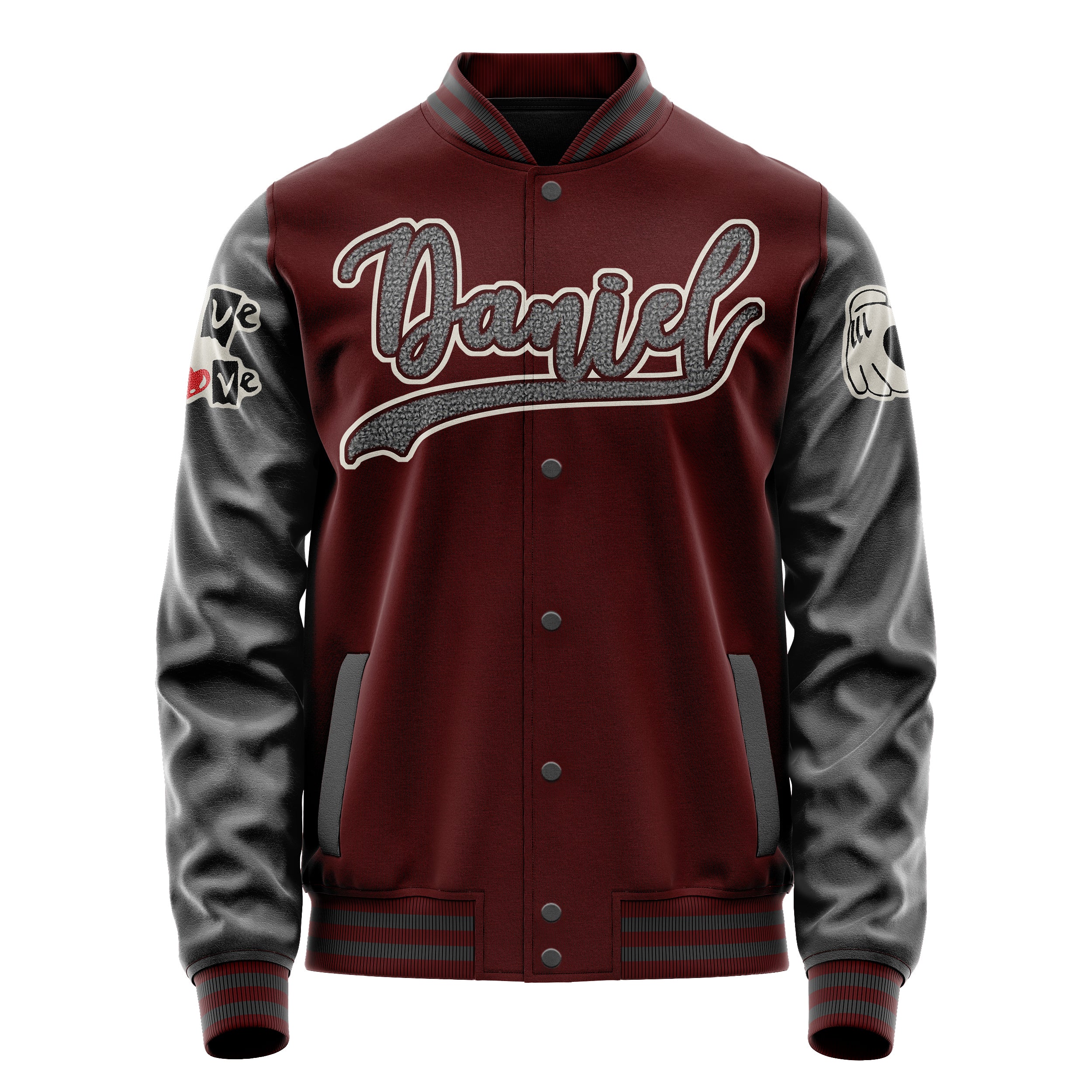 Custom Wine Red Varsity Jacket Patches Dark Gray Leather Sleeves - Broken heart