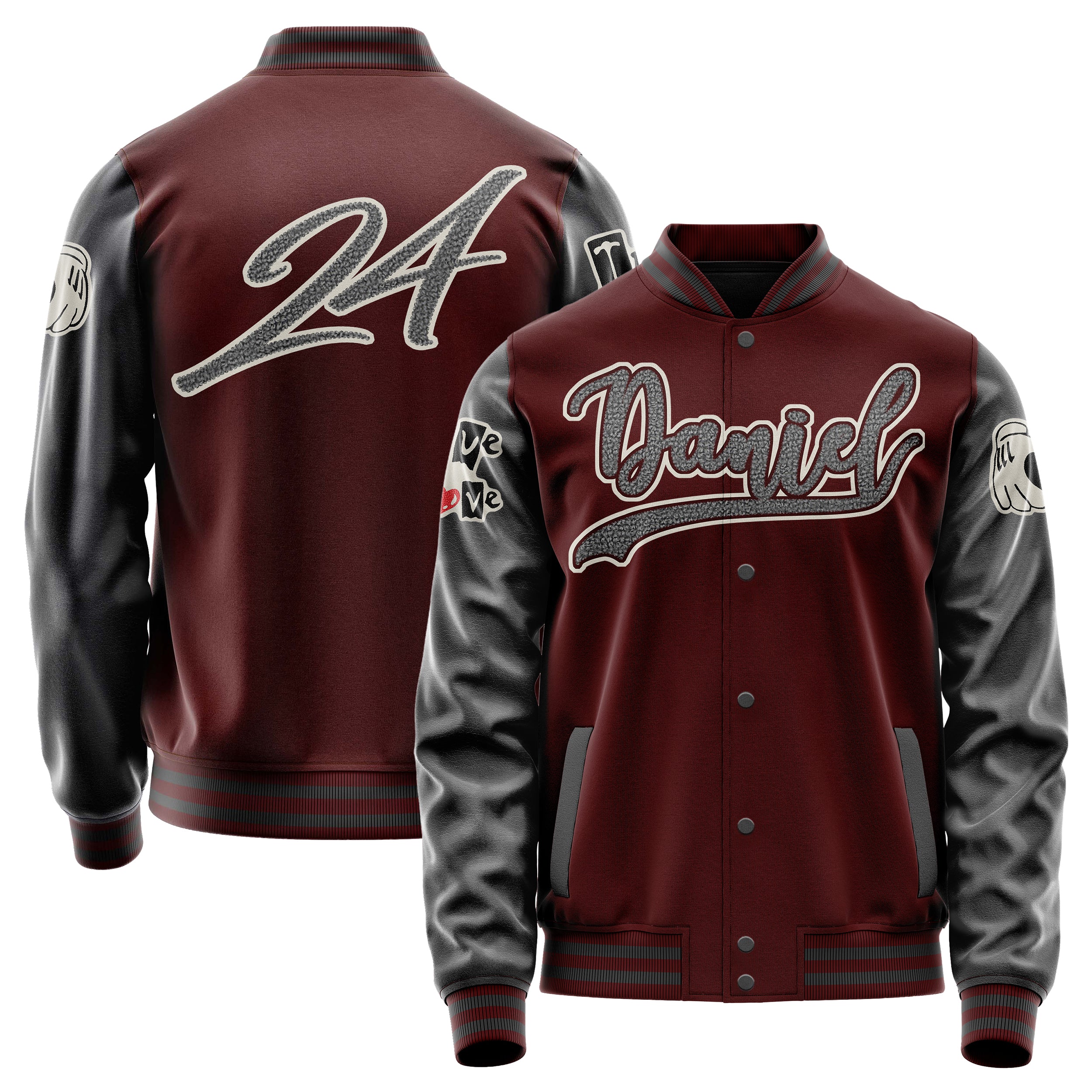 Custom Wine Red Varsity Jacket Patches Dark Gray Leather Sleeves - Broken heart