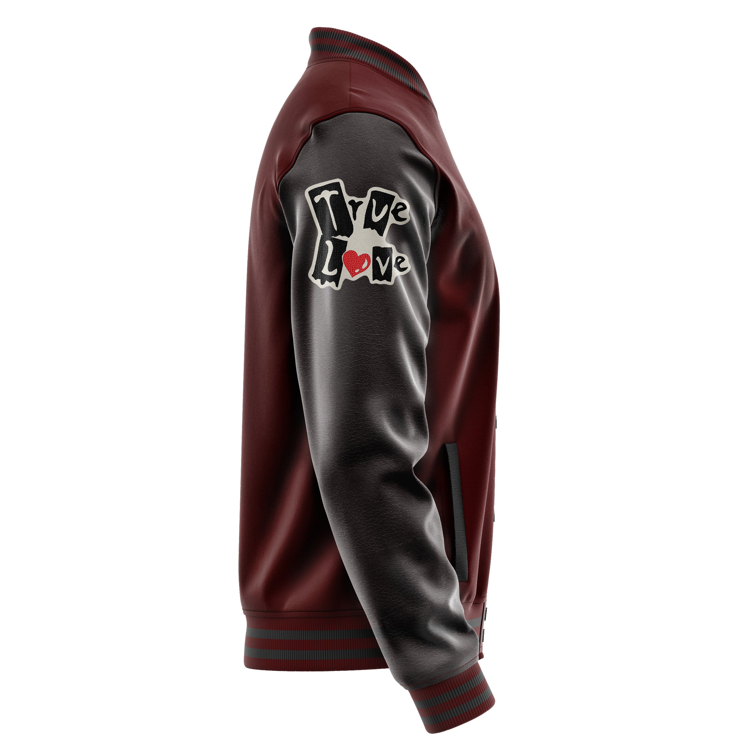 Custom Wine Red Varsity Jacket Patches Dark Gray Leather Sleeves - Broken heart