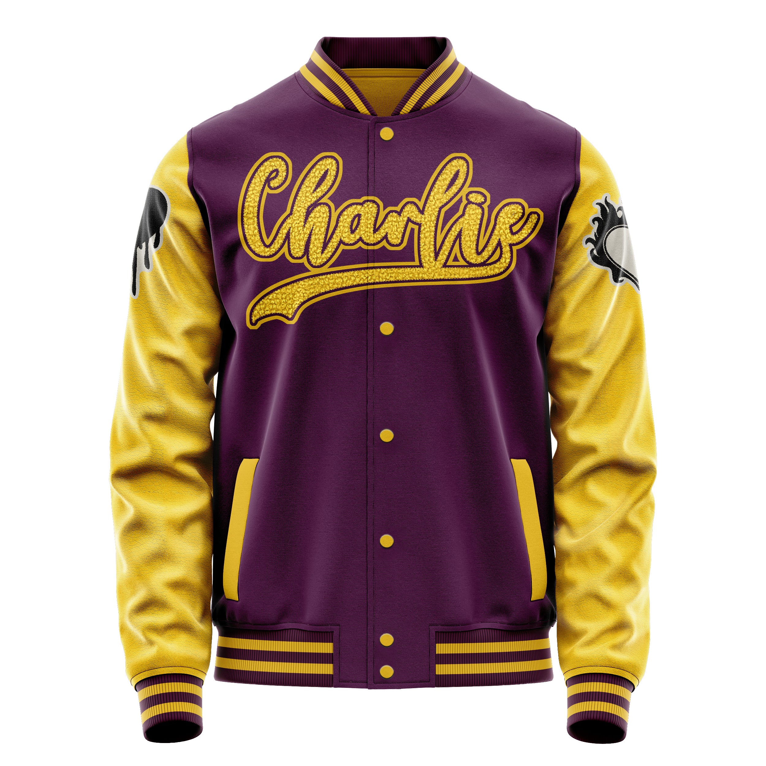 Custom Purple Varsity Jacket Patches Egg Yellow Leather Sleeves - dripping heart