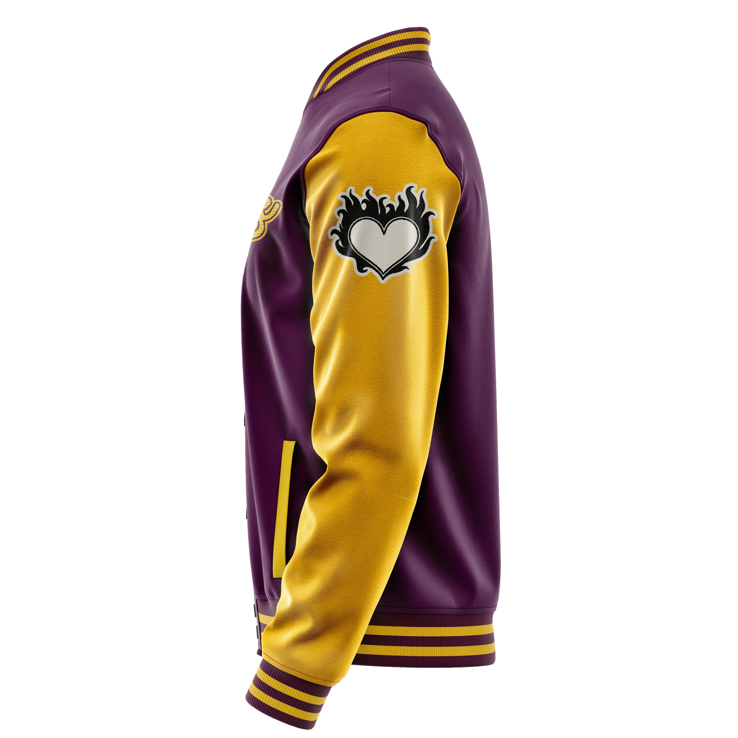 Custom Purple Varsity Jacket Patches Egg Yellow Leather Sleeves - dripping heart