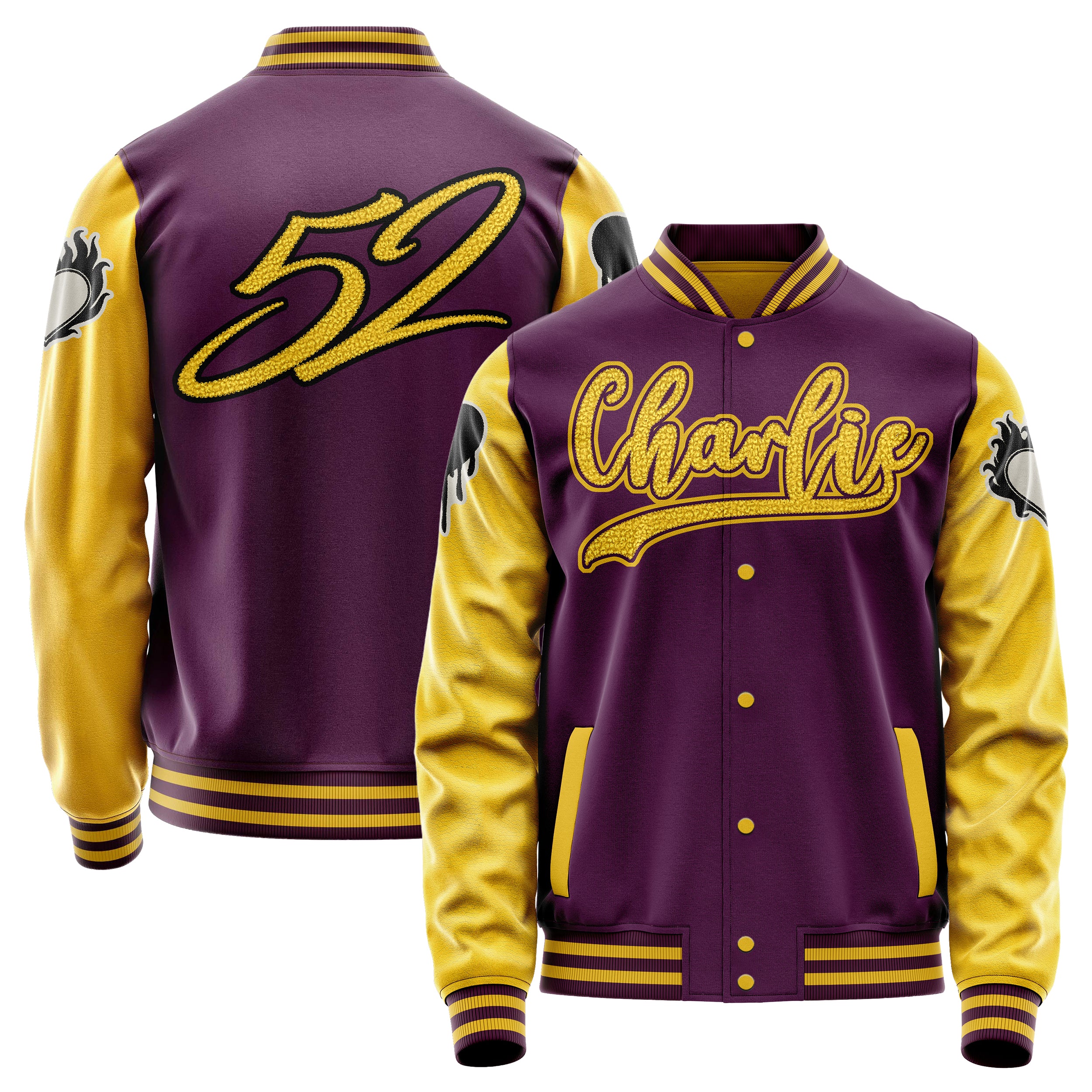 Custom Purple Varsity Jacket Patches Egg Yellow Leather Sleeves - dripping heart