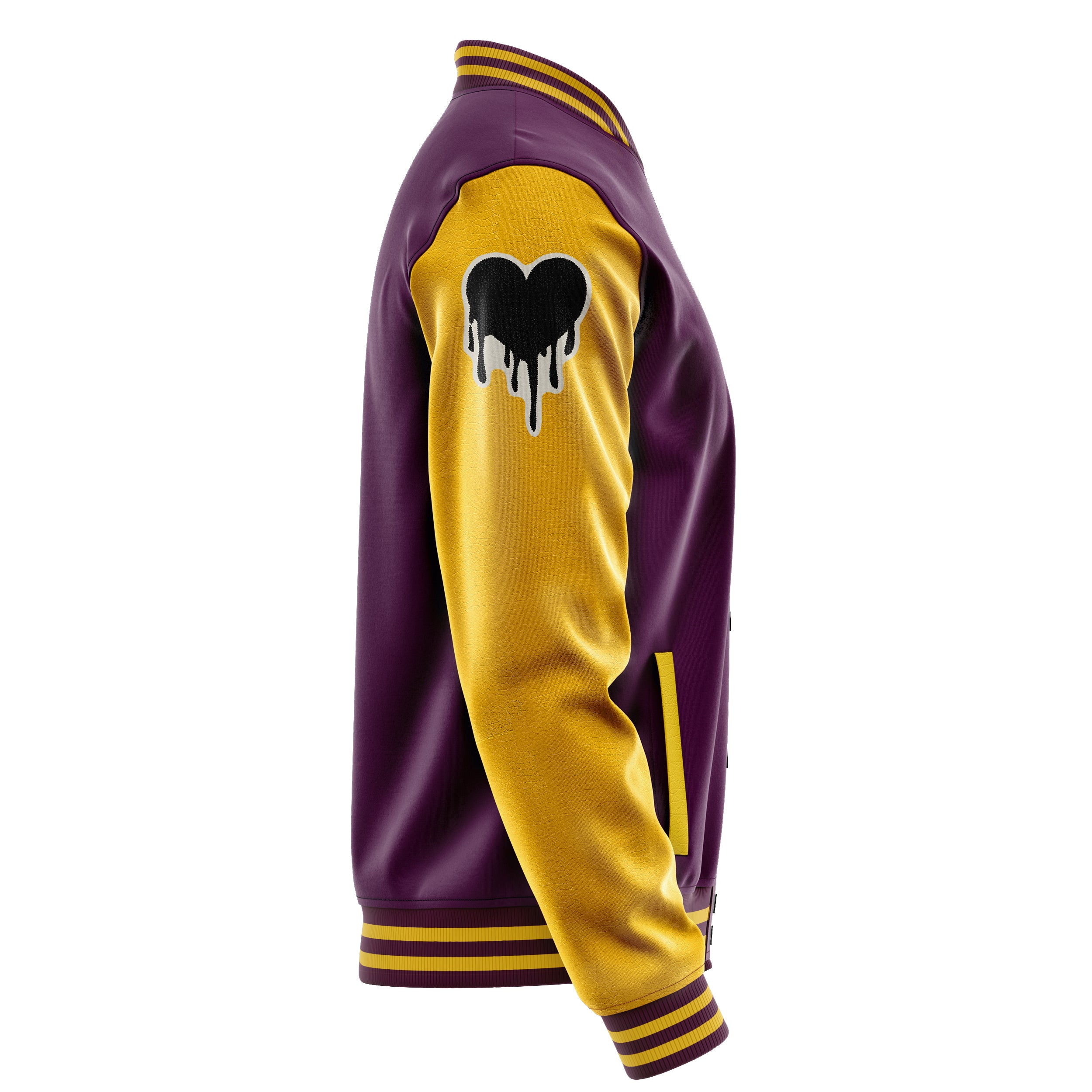 Custom Purple Varsity Jacket Patches Egg Yellow Leather Sleeves - dripping heart