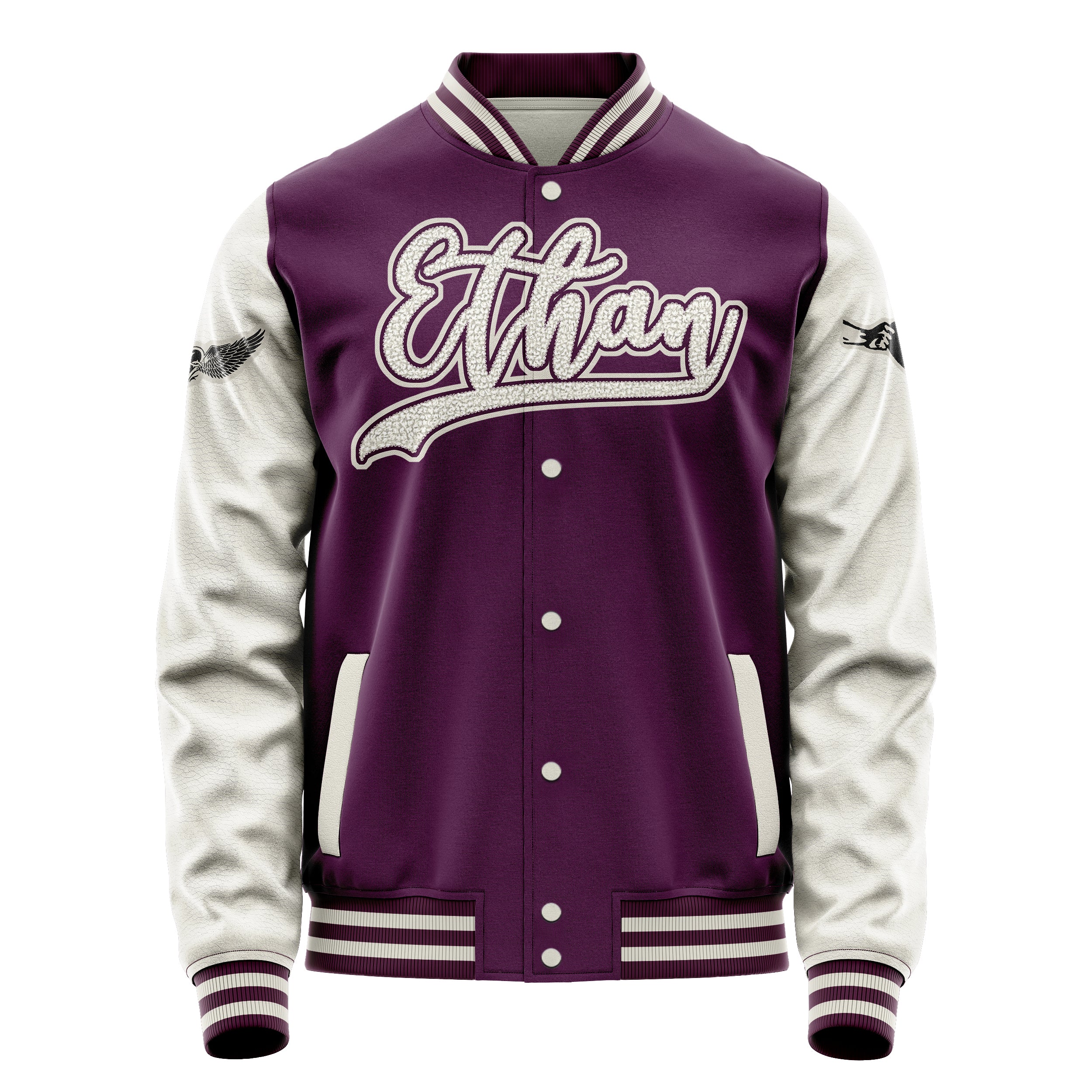 Custom Purple Varsity Jacket Patches Beige Leather Sleeves - Tattoo Heart