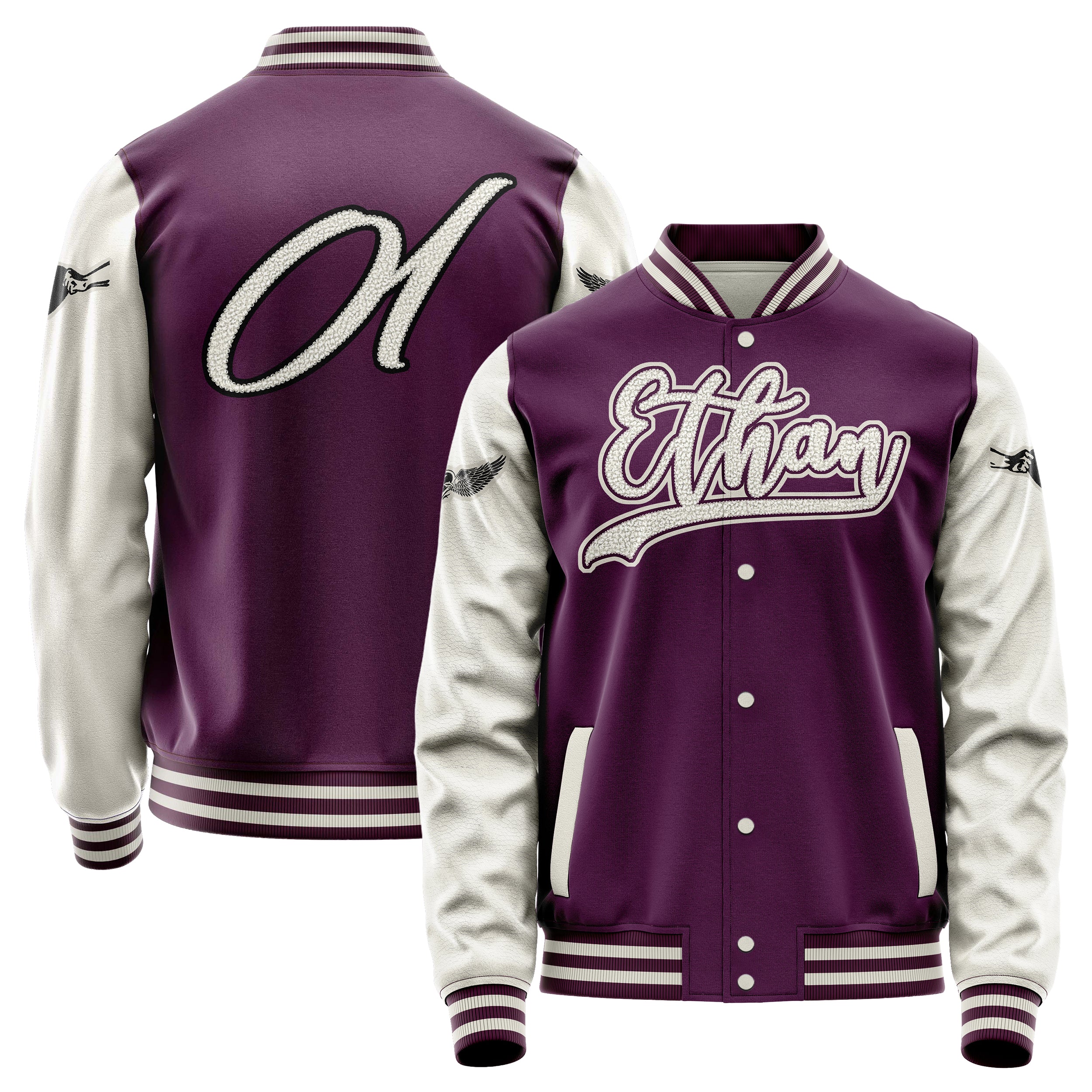 Custom Purple Varsity Jacket Patches Beige Leather Sleeves - Tattoo Heart