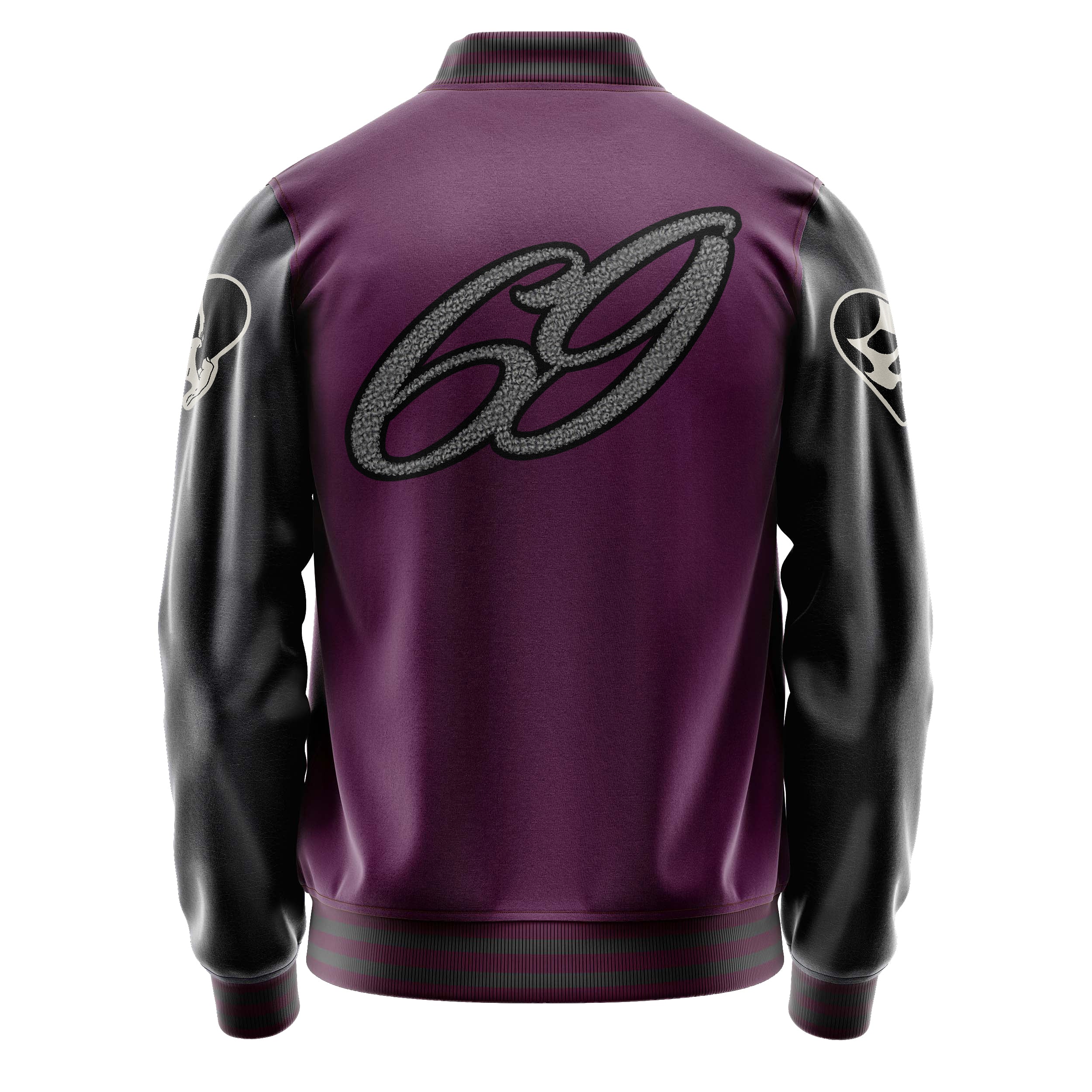 Custom Purple Varsity Jacket Patches Dark Gray Leather Sleeves - Skull Hearts