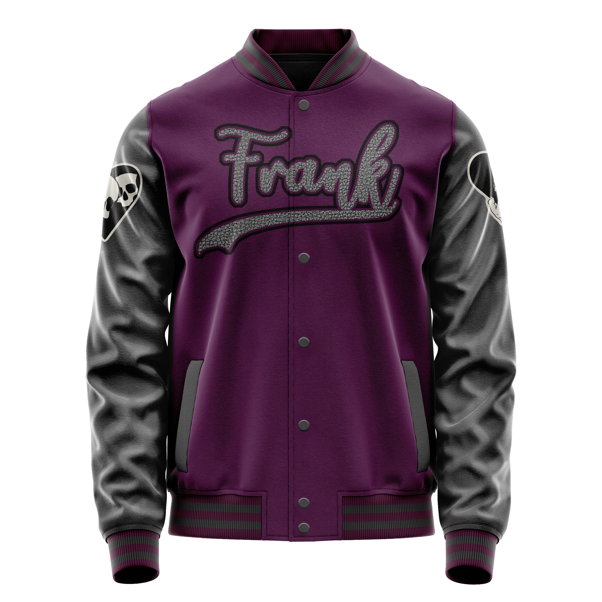 Custom Purple Varsity Jacket Patches Dark Gray Leather Sleeves - Skull Hearts