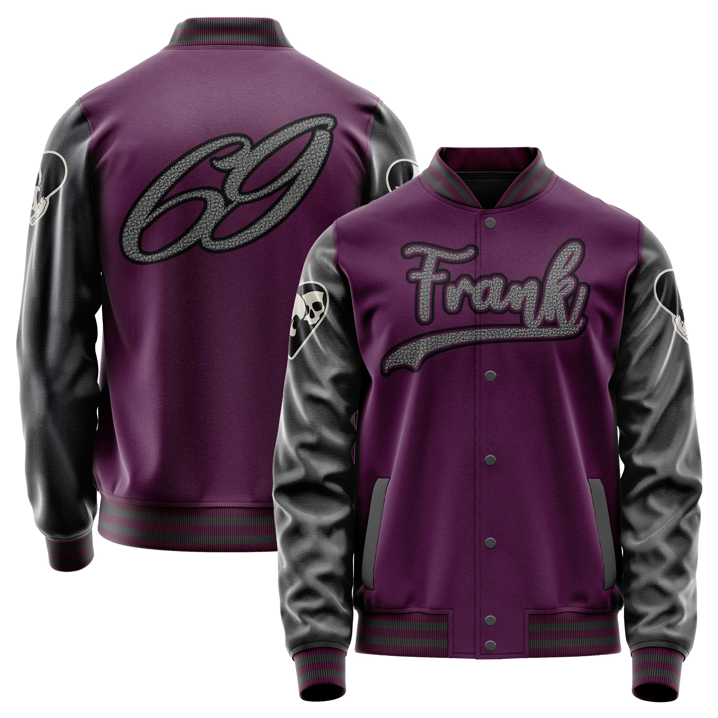 Custom Purple Varsity Jacket Patches Dark Gray Leather Sleeves - Skull Hearts