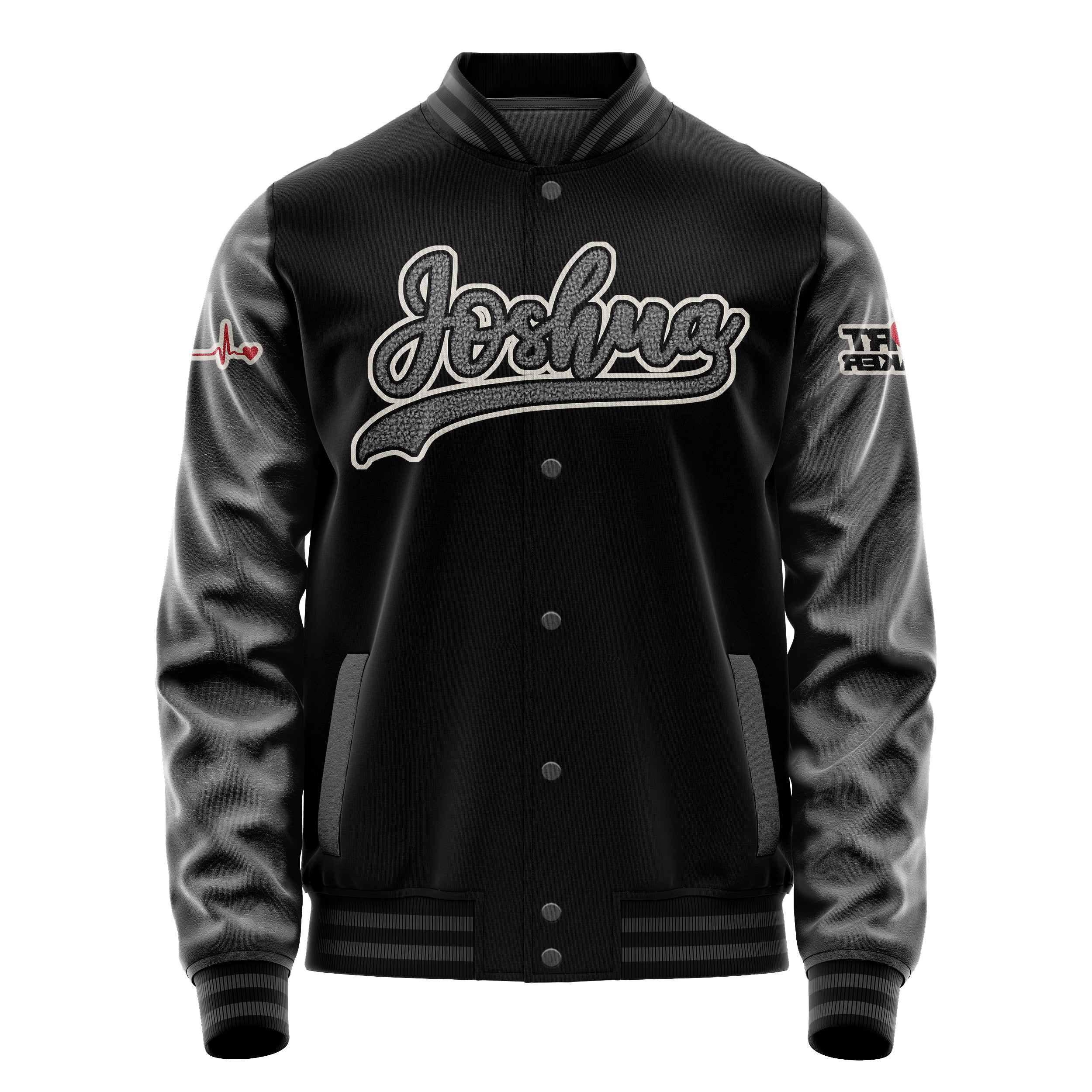 Custom Black Varsity Jacket Patches Dark Gray Leather Sleeves - Heart Breaker