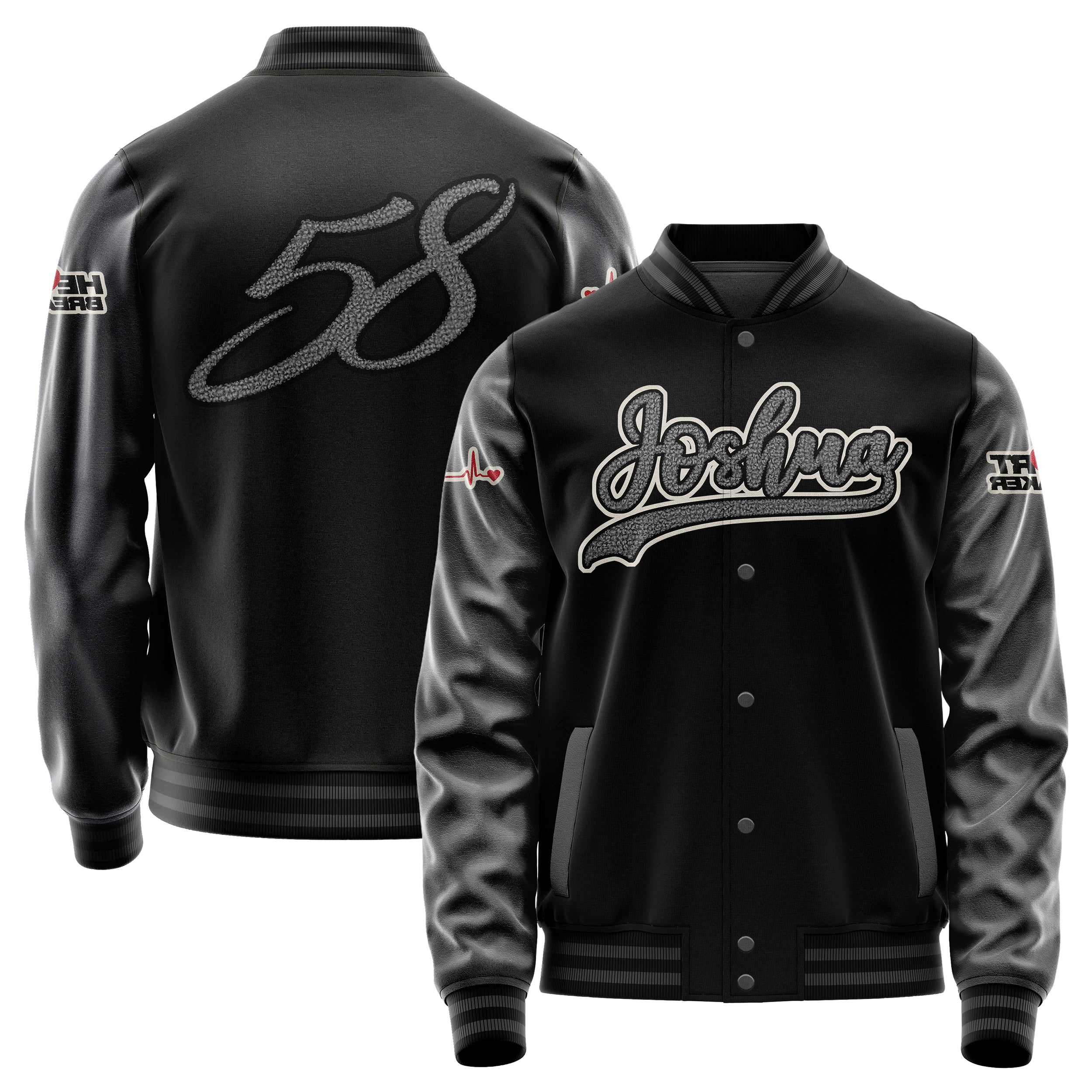 Custom Black Varsity Jacket Patches Dark Gray Leather Sleeves - Heart Breaker