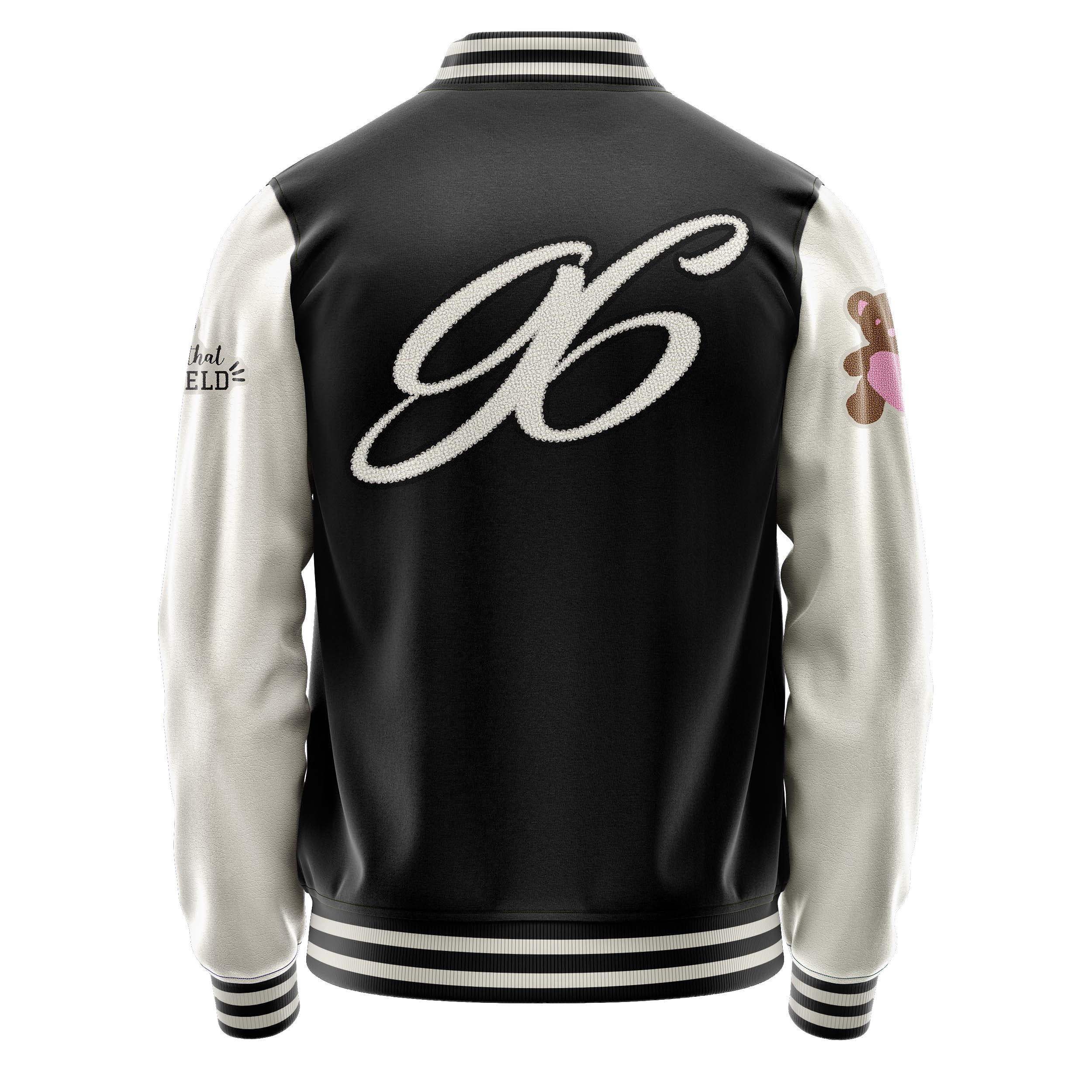 Custom Black Varsity Jacket Patches Beige Leather Sleeves - Teddy Love Heart