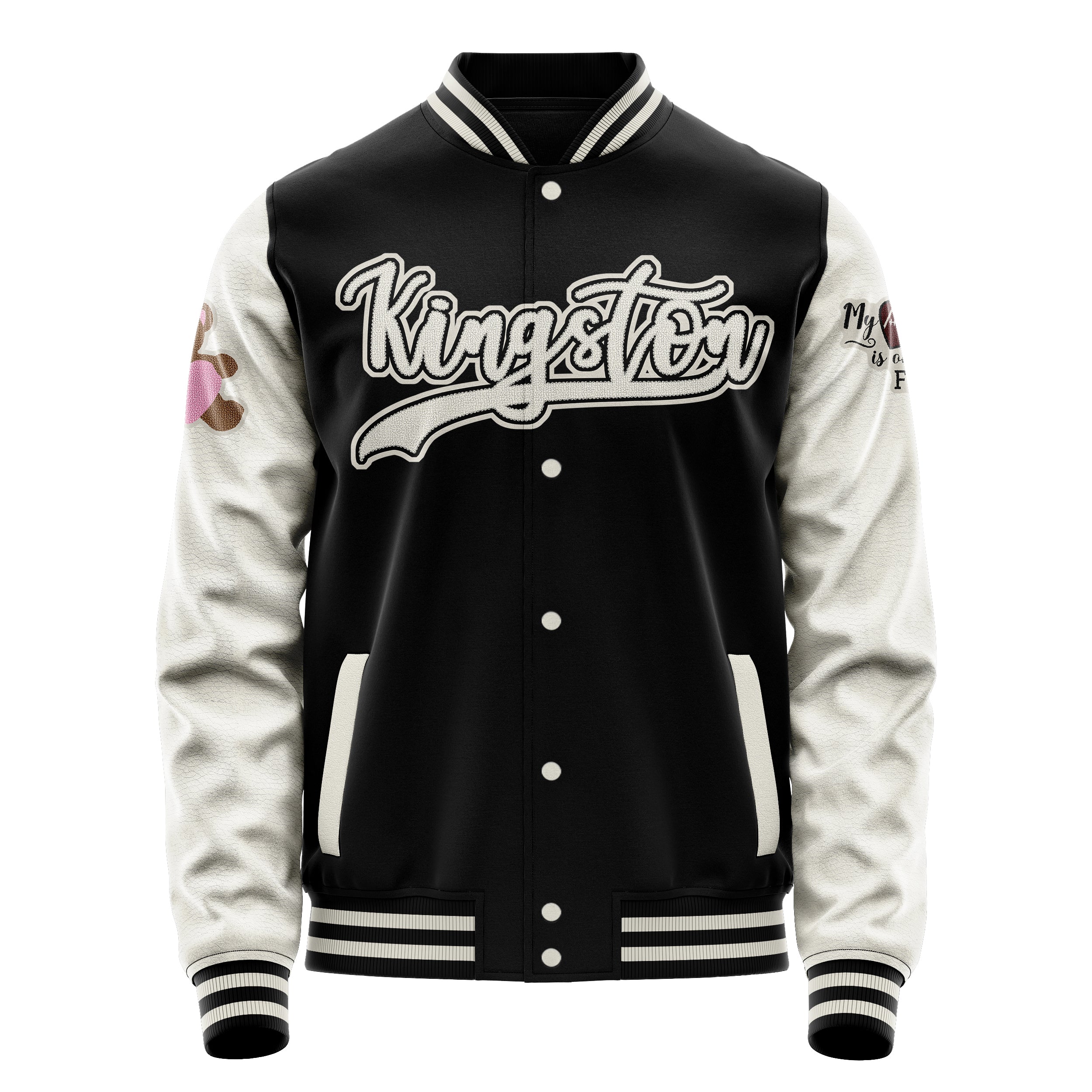 Custom Black Varsity Jacket Patches Beige Leather Sleeves - Teddy Love Heart