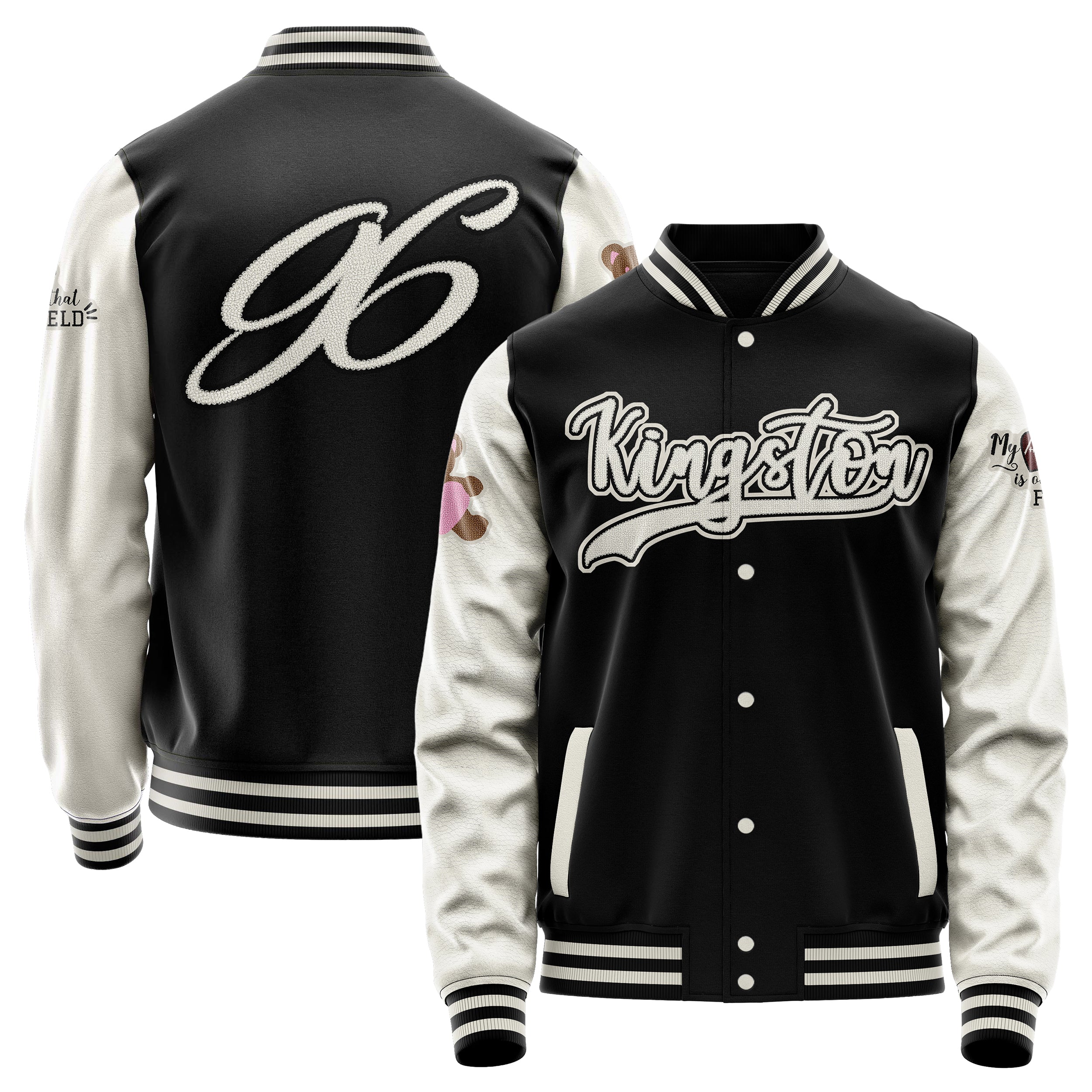 Custom Black Varsity Jacket Patches Beige Leather Sleeves - Teddy Love Heart