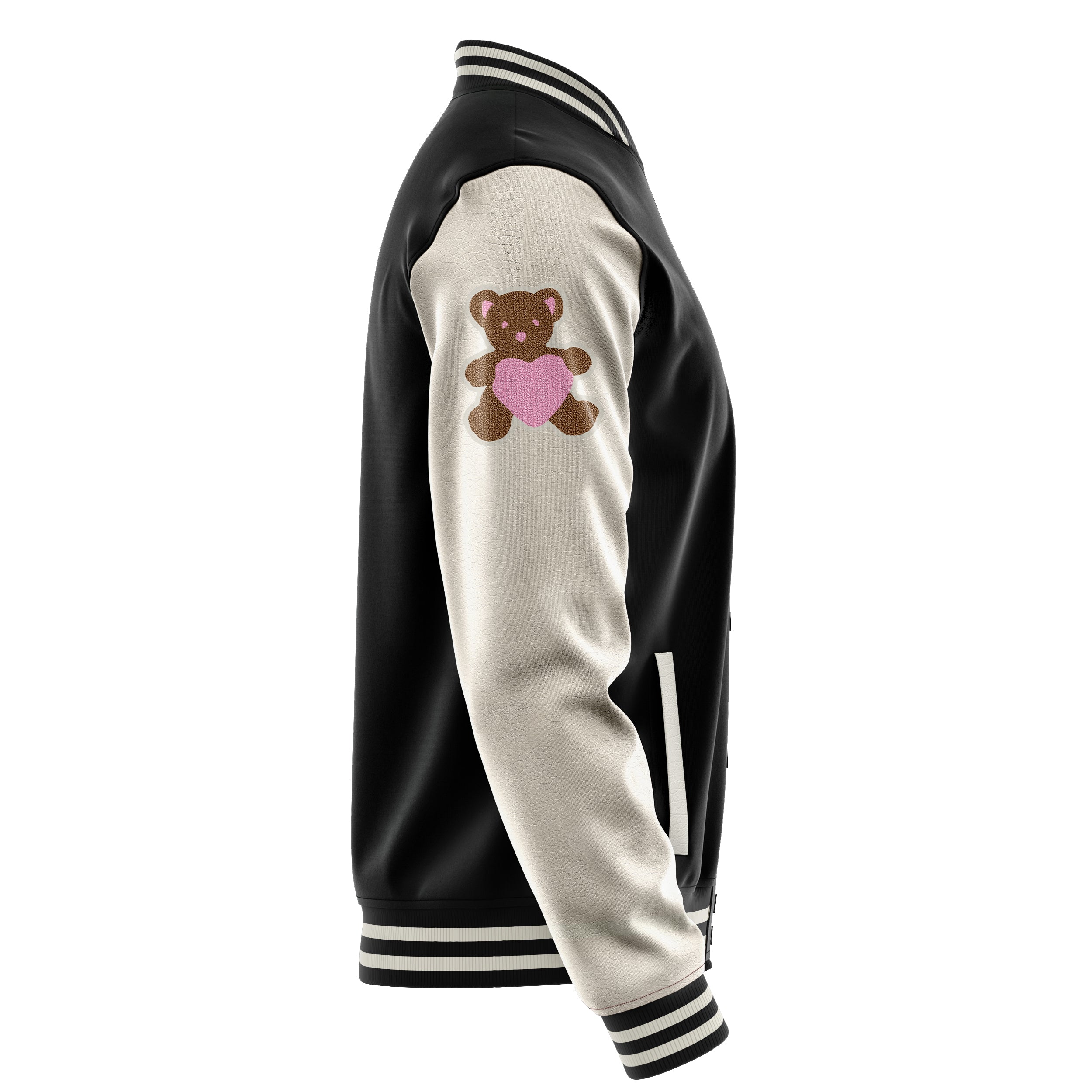 Custom Black Varsity Jacket Patches Beige Leather Sleeves - Teddy Love Heart